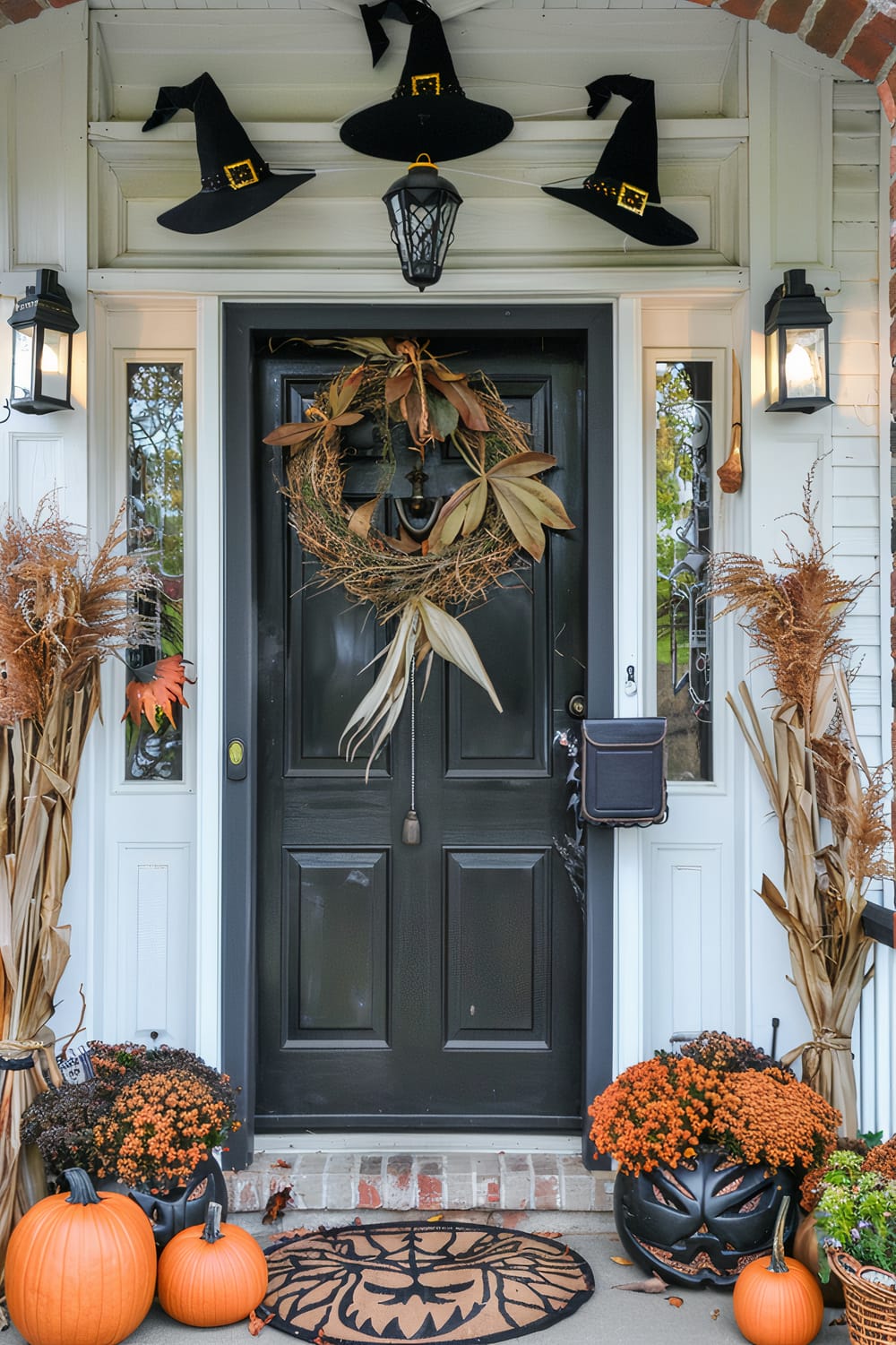 An entryway decorated for Halloween. The black front door features a dried foliage wreath. Three witch hats hang above the door, and a black lantern light fixture is centered above the door. Corn stalks and potted chrysanthemums adorn each side of the door, which is flanked by white trim and windows. Two pumpkins sit on the porch next to a doormat with a jack-o'-lantern design.