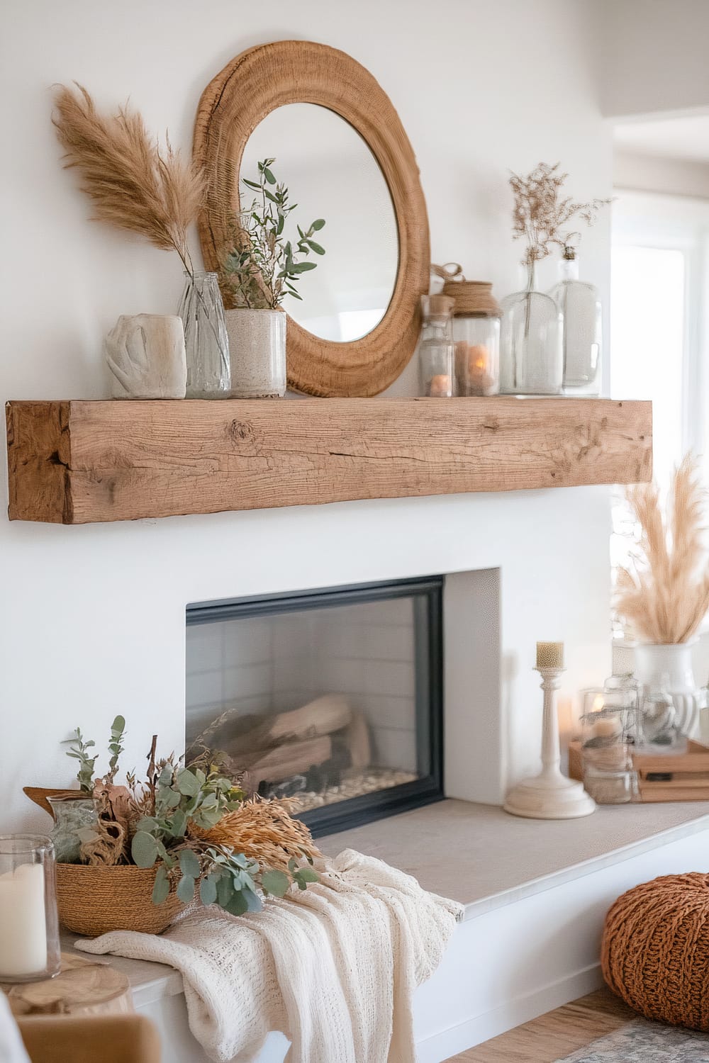 An inviting interior space featuring a fireplace with a rustic wooden mantel adorned with potted plants, natural wood accents, and glass jars. Above the mantel hangs a round wicker mirror. A knitted throw drapes over the edge of the fireplace ledge, next to a woven basket filled with dried foliage. A textured pouf lies on the floor beside candles and additional dried plants.