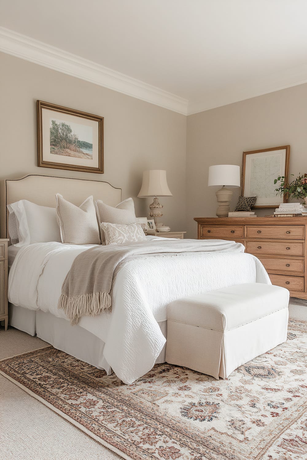 This bedroom features a minimalist yet elegant design with a soft, neutral color palette. The bed is adorned with white bedspread, a beige throw blanket, and several plush cushions. A padded beige headboard complements nightstands on either side with table lamps. A large wooden dresser against the wall holds decorative items and another lamp. The floor showcases a detailed, patterned area rug, and a cushioned bench sits at the foot of the bed. Above the bed, a framed landscape painting completes the serene ambiance.