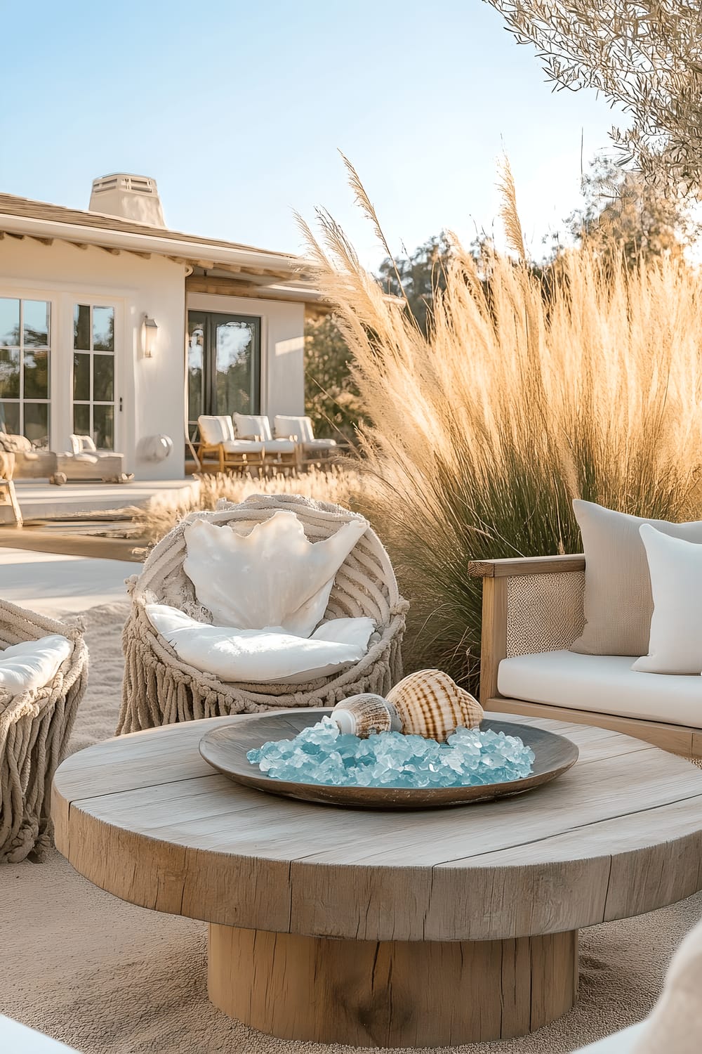 A beach-themed patio featuring furniture made from driftwood. The patio has white canvas sling chairs oriented towards a sandy fire pit area. A low table sits in the middle, adorned with a sea glass centerpiece surrounded by seashells. The scene is accentuated with rope accents and swaying pampas grass in soft, natural light.