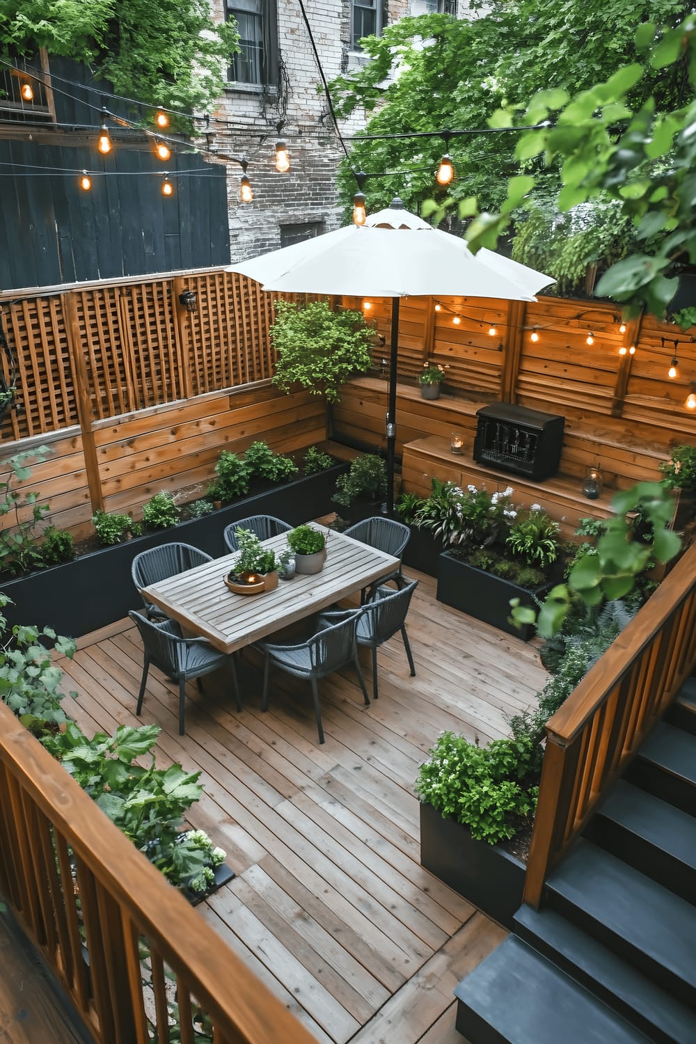 A quaint backyard patio set upon a wooden deck, encircled by a wooden privacy fence. The space featured neatly arranged pots of greenery and small trees. A dining set with a table, chairs, and an umbrella is centrally placed on the deck, illuminated subtly by warm lights, creating a relaxing and inviting atmosphere.