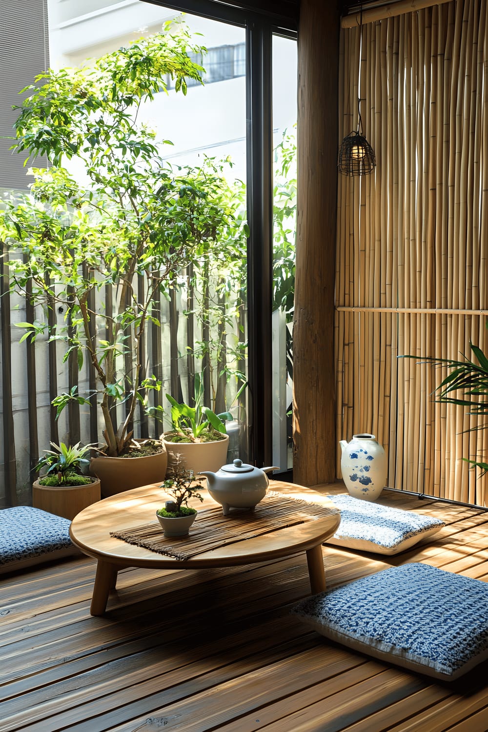 A small, urban balcony featuring wooden flooring and a low table surrounded by cushioned seating in neutral colors. A bonsai tree is prominently displayed on the table, sitting next to a ceramic teapot. A bamboo fence provides seclusion, interspersed by pots of ferns and orchids.