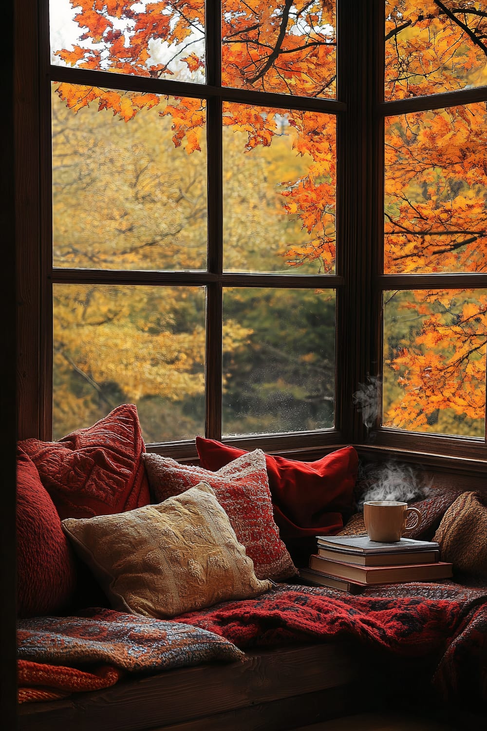 A cozy reading nook situated by a large window with a stunning autumn view of vibrant orange and yellow foliage. The nook features an assortment of plush, textured pillows in rich shades of red, yellow, and orange, complemented by a warm, woven blanket. A stack of books sits nearby with a steaming cup of coffee on top, creating an inviting and tranquil atmosphere.