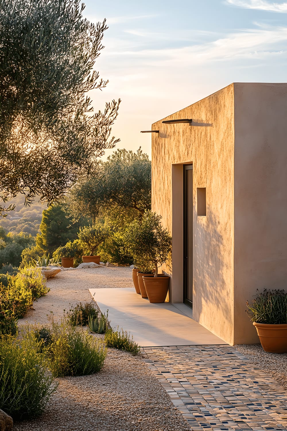 A stylish modern shed, featuring a smooth stucco exterior and a flat roof, nestled within a Mediterranean landscaping that includes olive trees and terracotta planters. A mosaic-tiled pathway leads up to the shed, and the whole setup is bathed in warm, subtle late-afternoon sunlight, casting soft shadows.