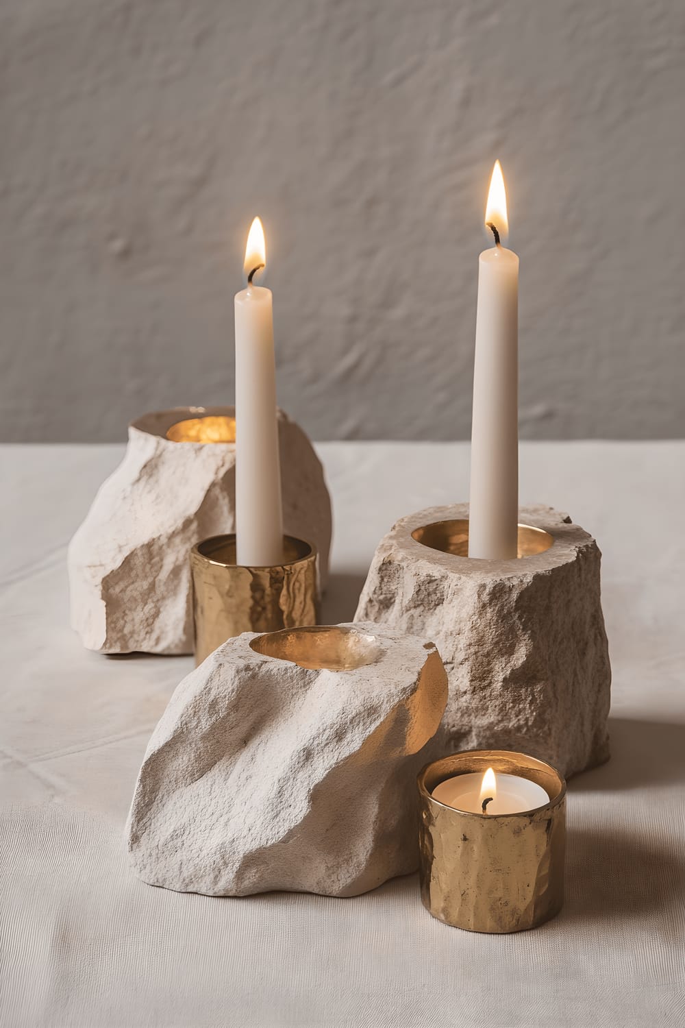 A set of DIY candle holders created from rough-cut stone with brass inserts are arranged on a neutral-toned linen tablecloth, subtly illuminated by the gentle glow of candlelight.