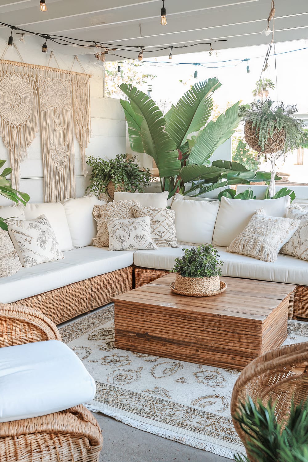 A cozy indoor-outdoor living area featuring white cushioned rattan sectional sofas adorned with patterned pillows. The focal point is a square, wooden coffee table with a potted plant. An intricately patterned rug complements the seating arrangement. The backdrop includes large tropical plants, an outdoor wall adorned with woven macramé art, and string lights hanging from the ceiling.