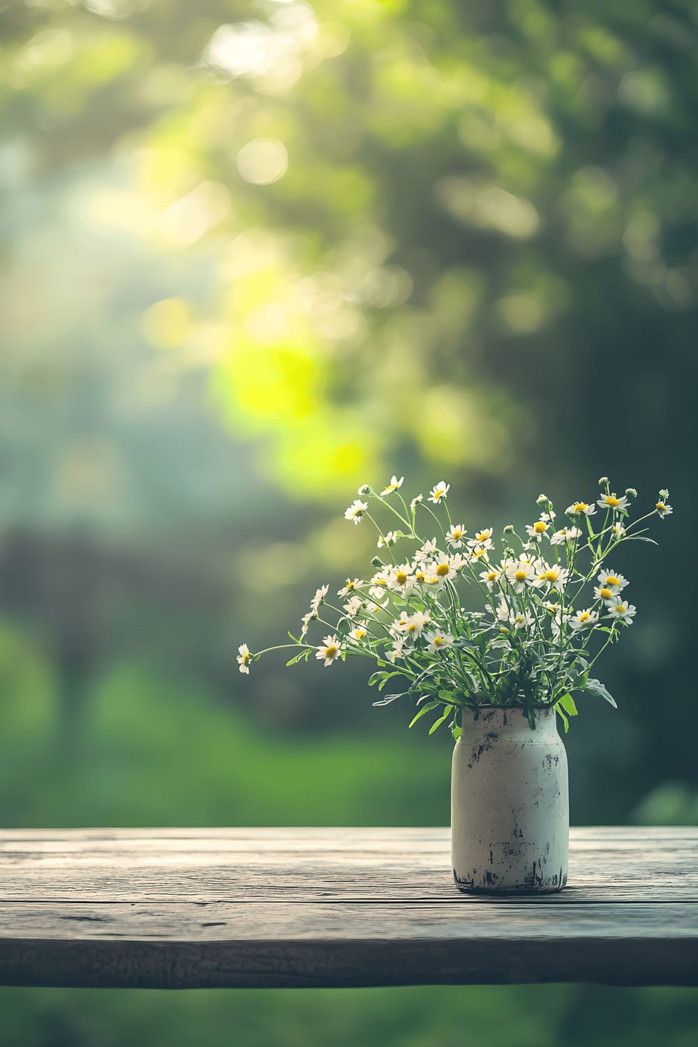 A rustic wooden table in an outdoor setting, adorned with a single vase holding a bunch of wildflowers, set against a background of blurred greenery illuminated by natural light.