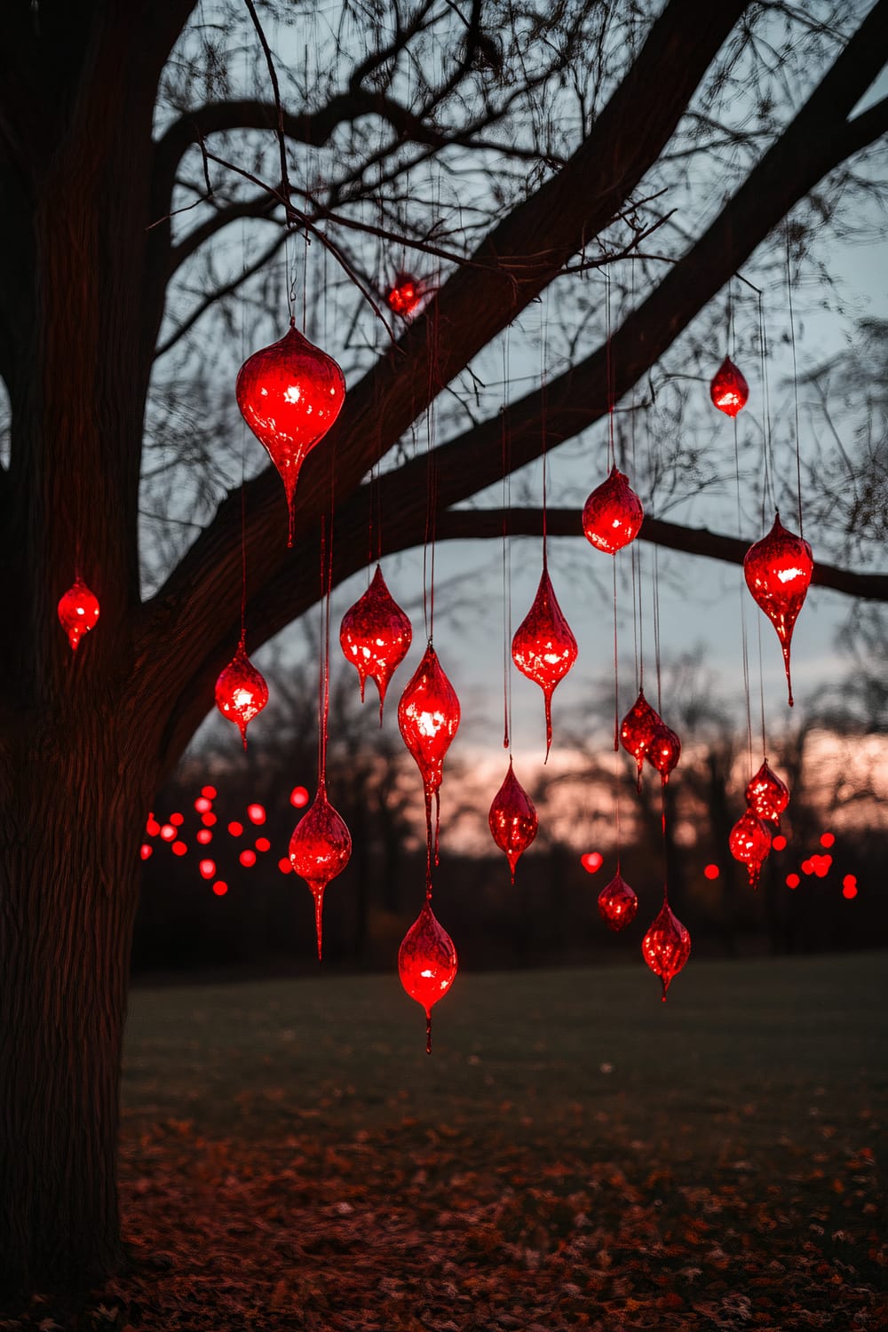 A Halloween scene in a twilight setting with a tree adorned with blood-red, dripping ornaments that glow ominously. The ground has a light covering of fallen leaves, and the dark, bare branches of the tree contrast with the vivid red ornaments, which stand out sharply against the dusk sky.