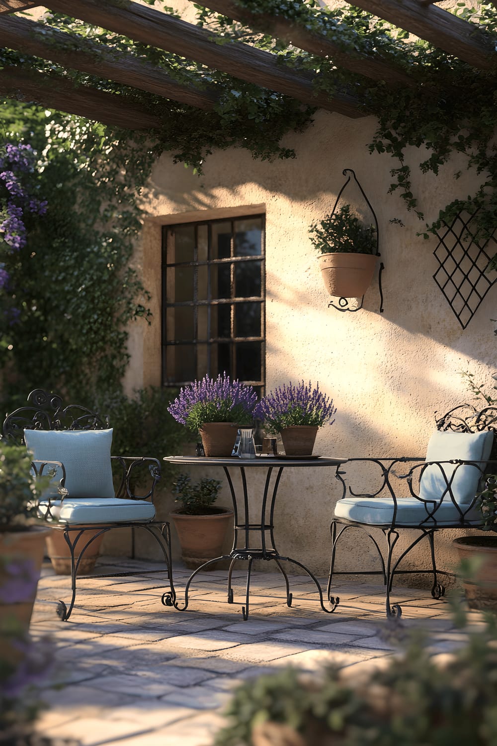 A quaint patio featuring a charming pastel blue bistro set with lavender cushions nestled amidst lush greenery. Soft, diffused daylight sets a serene mood. The scene is accentuated by terracotta pots housing thriving lavender plants and a wooden trellis supporting climbing jasmine blossoms.