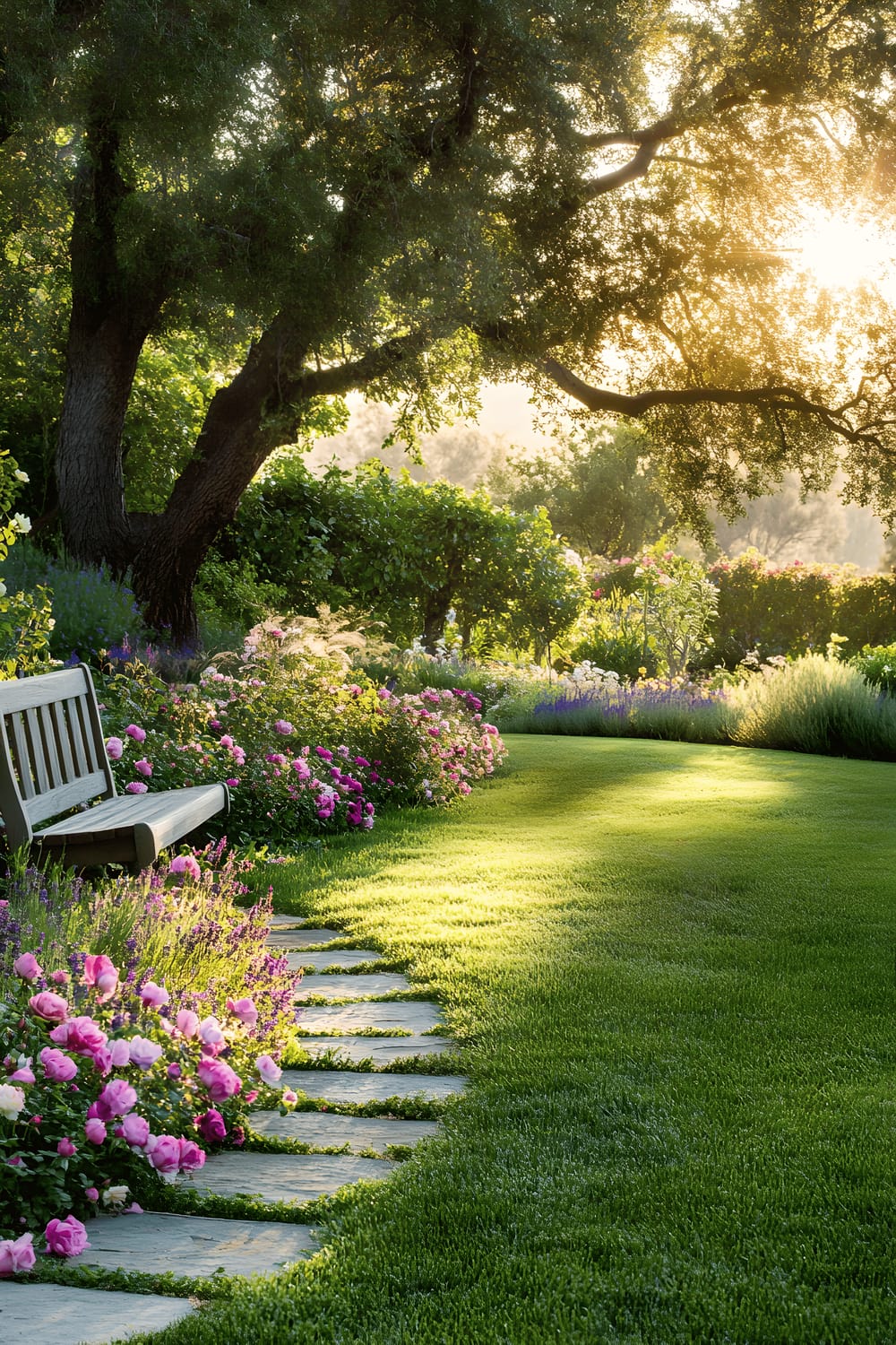 A picturesque garden scene displaying a lush and perfectly manicured green lawn, bordered by vibrant flowers such as roses, lavender, and peonies. A winding flagstone pathway traverses through the vibrant greenery, leading towards a rustic wooden garden bench. Above, golden sunlight filters through the foliage of towering oak trees, casting soft shadows and adding a tranquil atmosphere to the scene.