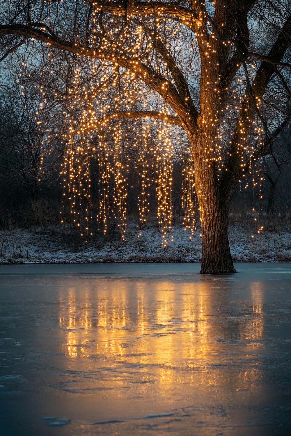 A leafless tree draped with strings of warm, glowing fairy lights that cascade down from its branches is situated near a frozen lake. The lights create a mesmerizing reflection on the icy surface of the water, amidst a snowy and serene nighttime landscape.