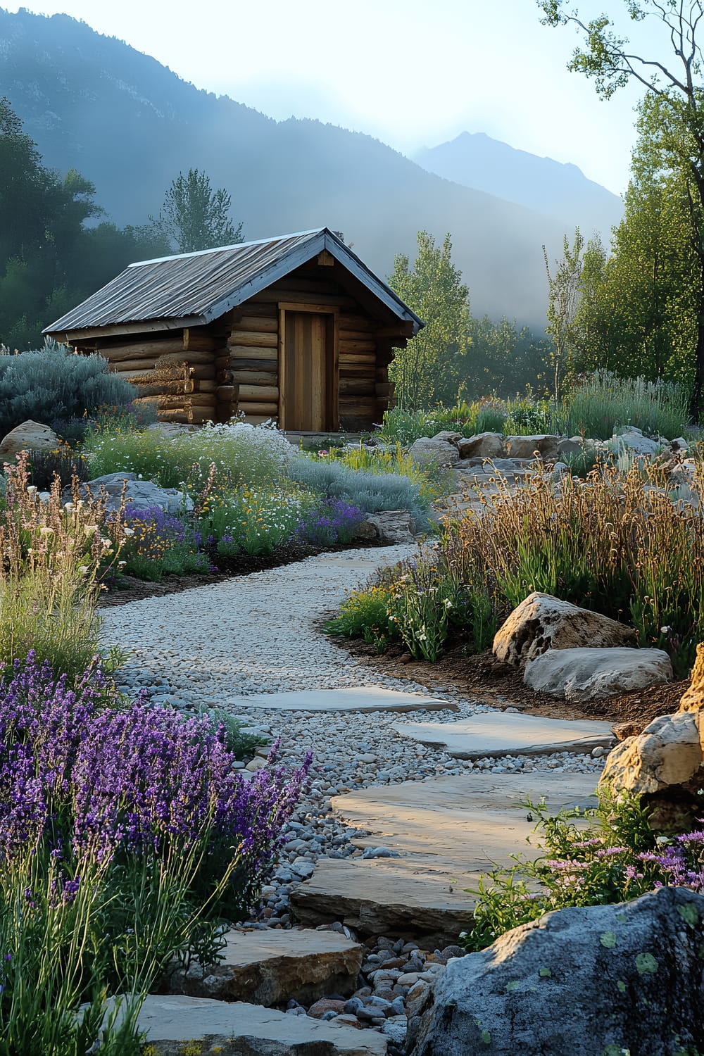 A log-cabin style shed built from exposed timber atop a stone base sits amidst a rugged mountain garden filled with native alpine plants and rocky outcroppings. A plain gravel path leading to the shed enhances the natural beauty. The picturesque scene is set against a backdrop of a misty mountain range, bathed in the soft early morning light.