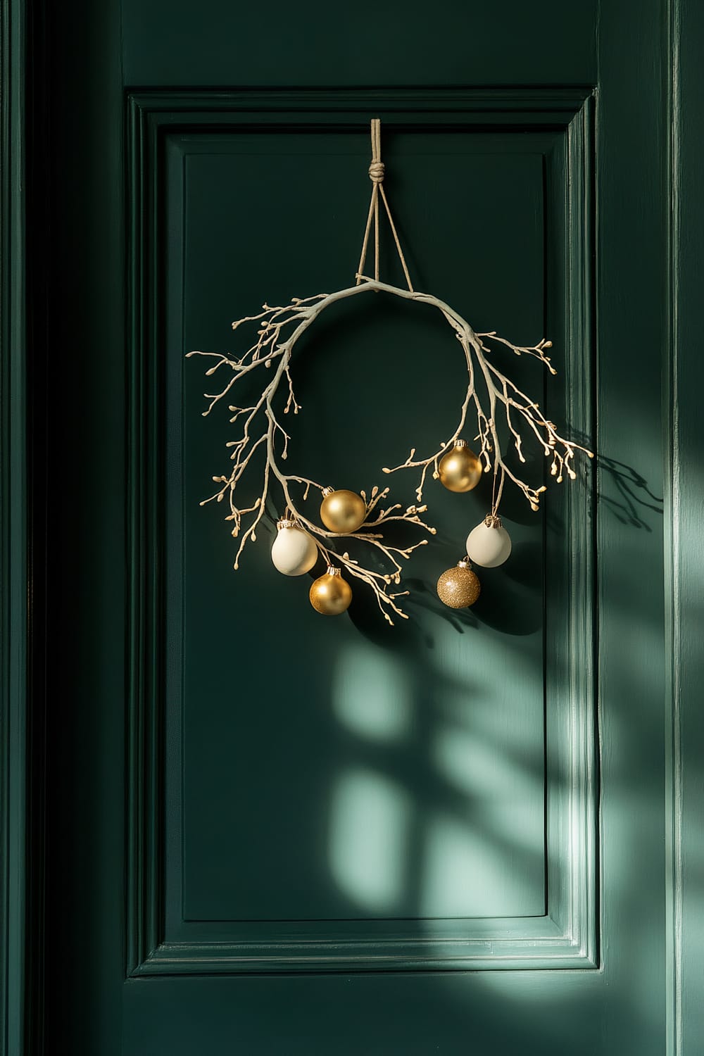 A minimalist wreath made of white branches with white and gold baubles hangs on a dark green paneled door. The sunlight casts soft shadows on the door, highlighting its texture and the wreath.