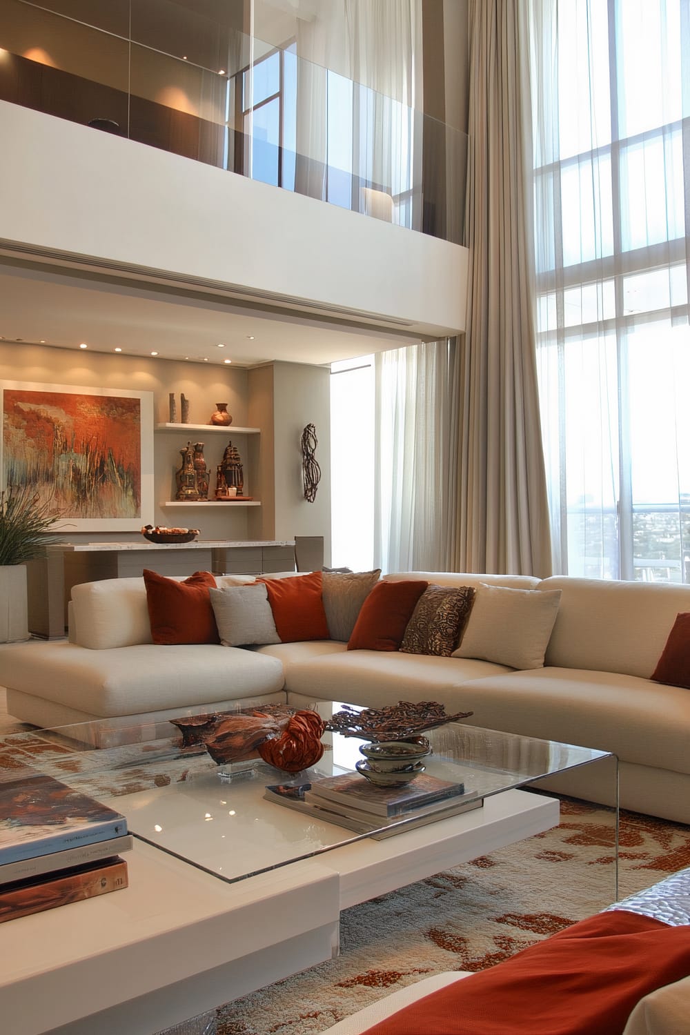 High-ceiling living room with floor-to-ceiling drapes, a sectional white sofa adorned with rust and beige pillows, and a glass-top coffee table. A patterned rug lies below, and the back wall features shelves with various artifacts and a large abstract painting with orange hues. There is a view of a mezzanine with glass railings above.