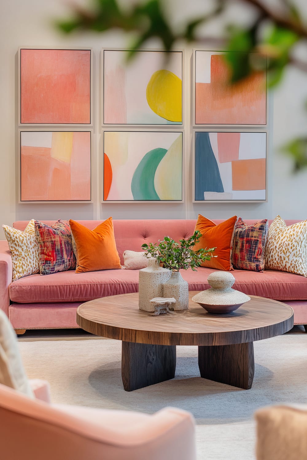 A vibrant living room featuring a plush pink velvet sofa with a mix of neutral and colorful throw pillows. Behind the sofa, there are six large, colorful abstract artworks. A round wooden coffee table with chunky legs is in front of the sofa, holding a decorative vase with delicate branches. The room is well-lit with natural light, and a large potted tree in the corner adds greenery. A partial view of a statement armchair with playful abstract patterns is visible.