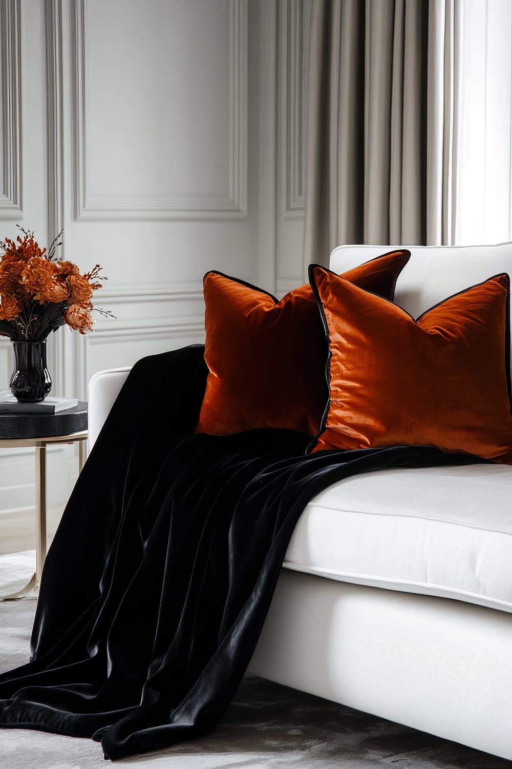 A sleek white sofa in an elegant living room, featuring a luxurious black velvet throw draped over the arm and seat. The sofa is accented by two deep orange decorative pillows, and a small side table with a black vase containing orange flowers. The background showcases paneled walls and soft taupe curtains.