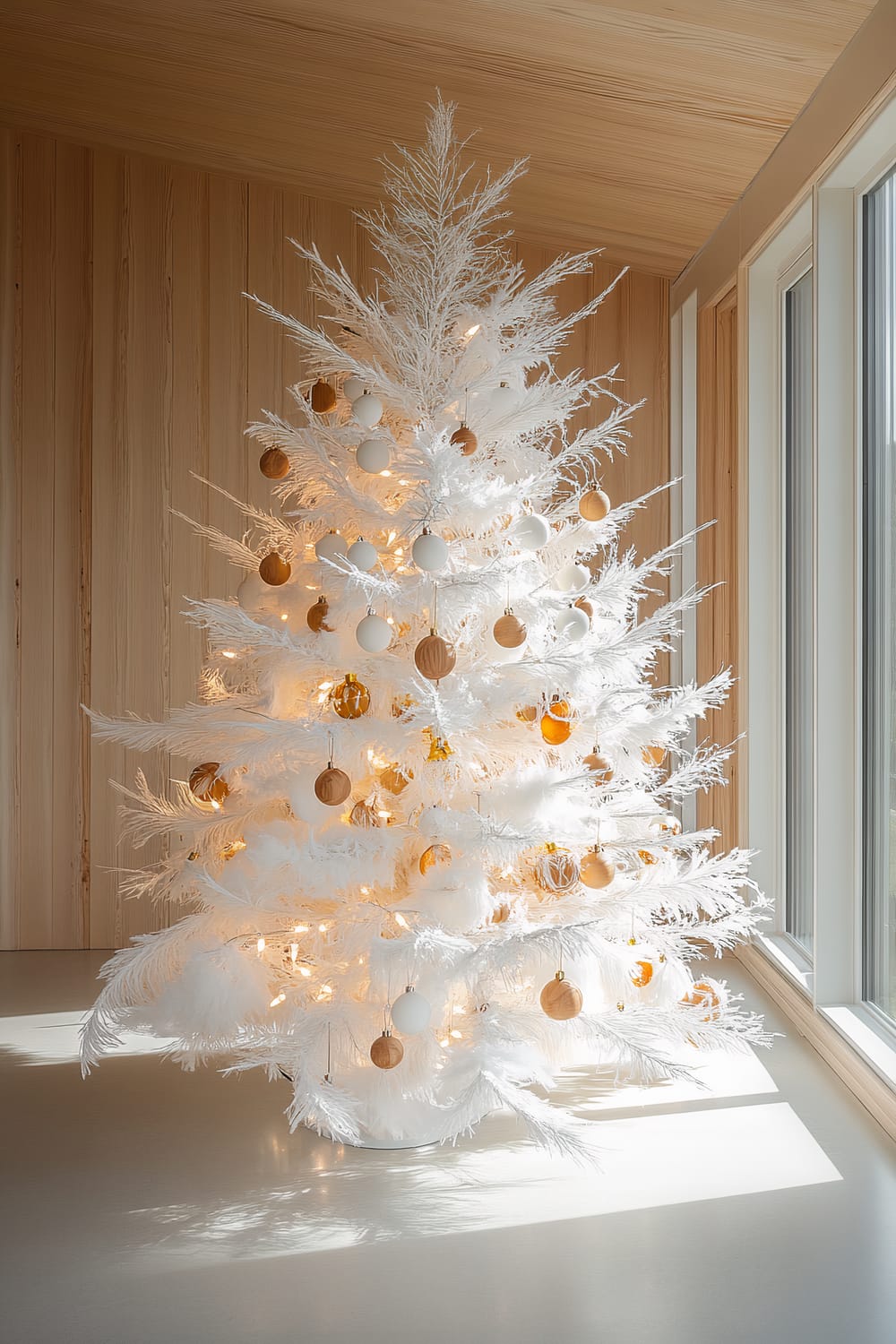 A sleek Scandinavian-style Christmas tree with white branches and minimalist decorations stands in a light wood interior. The tree is adorned with natural wood ornaments, white feathers, and white lights, and is softly illuminated by sunlight coming through large windows.