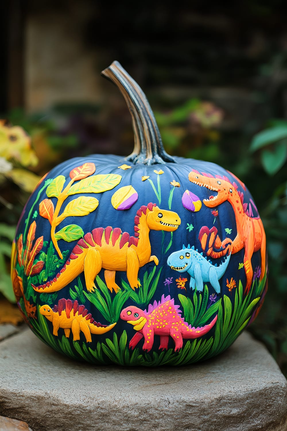 A pumpkin is decorated with brightly colored paintings of dinosaurs and prehistoric plants. The dinosaurs are depicted in vibrant colors such as orange, yellow, blue, and pink, with various designs and expressions. Surrounding the dinosaurs are lush green plants and trees, with elements like rocks and flowers adding to the lively scene. The pumpkin has a deep green and slightly blue-hued surface, providing a contrasting background for the colorful artwork.