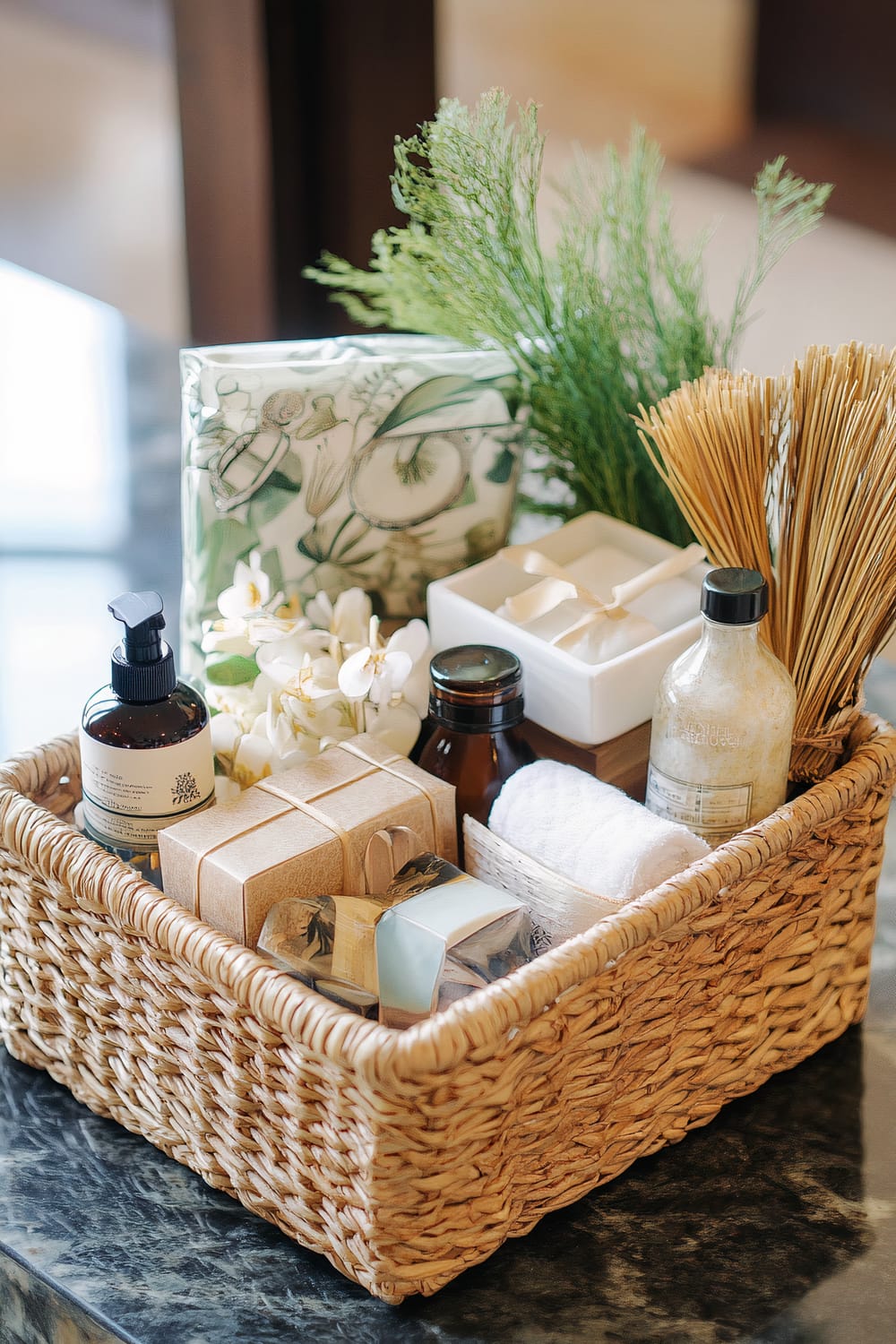 A wicker basket containing various spa and bath items, including a bottle of liquid soap, a bottle of bath salts, a rolled white towel, a white square container with a ribbon, a wrapped package, dried wheat stalks, fresh green sprigs, and white flowers.