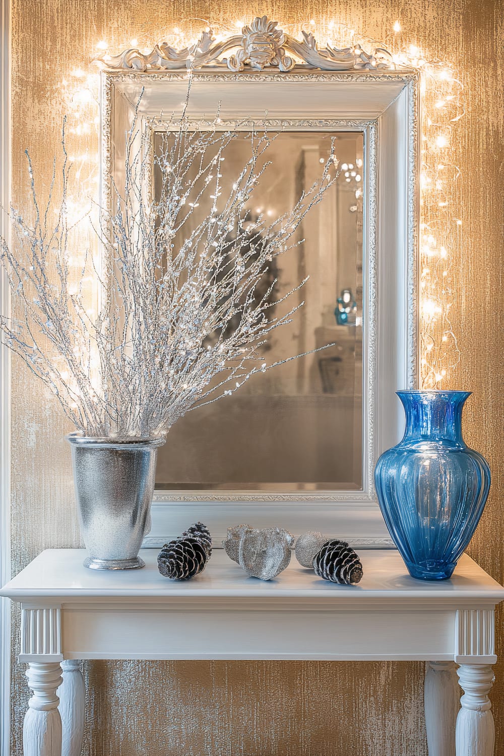 The image shows a stylish and festive interior setup. A white decorative console table stands against a gold textured wall, adorned with a large ornate mirror surrounded by soft fairy lights. The table features a silver vase containing glittering branches, a collection of shiny pine cones, and a striking blue glass vase.