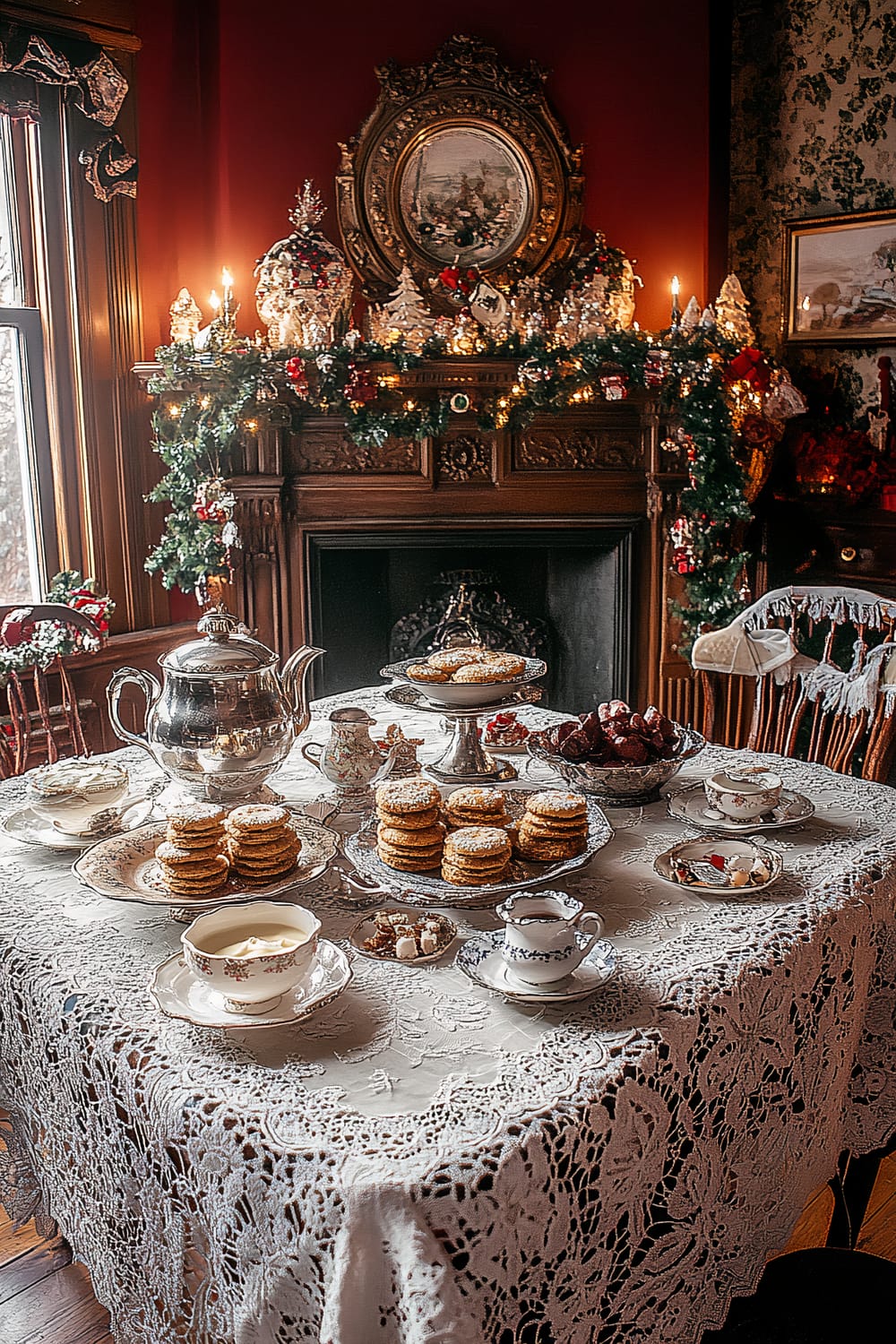 A richly adorned dining room setup showcases a holiday-themed tea party. The round dining table is covered with a beautifully intricate white lace tablecloth and laden with a lavish spread of desserts, including stacks of cookies, a bowl of chocolates, and assorted treats, all set in elegant china and silverware. Dominating the scene is a large, ornate silver teapot. Around the table are classic wooden chairs with festive decor. The background features an elaborately carved wooden fireplace mantel lavishly adorned with garlands of greenery, twinkling fairy lights, and holiday ornaments. A grand, round antique frame with a detailed painting is mounted above the fireplace, contributing to the luxurious traditional Victorian ambiance.