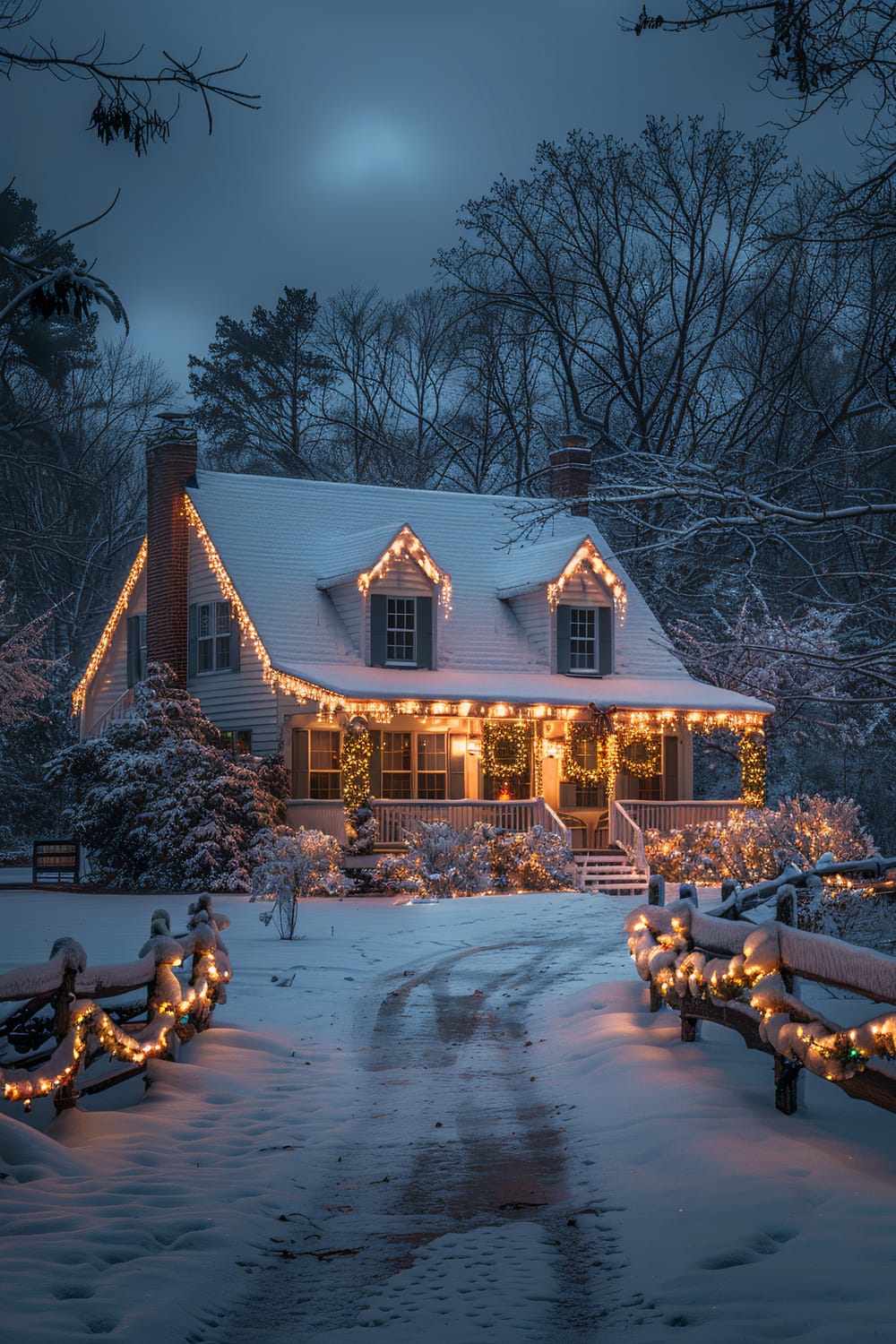 A charming cottage-style house is delicately blanketed in a layer of snow, with soft electric yellow Christmas lights adorning its eaves, porch, and surrounding bushes. The house features a steeply gabled roof with double dormer windows, a brick chimney, and a cozy front porch supported by white columns. A snow-covered dirt driveway, lined with a wooden fence wrapped in festive lights and garlands, gently curves towards the entrance. The leafless trees in the background create a serene winter atmosphere illuminated by the warm glow of the house decorations against the dusky evening sky.