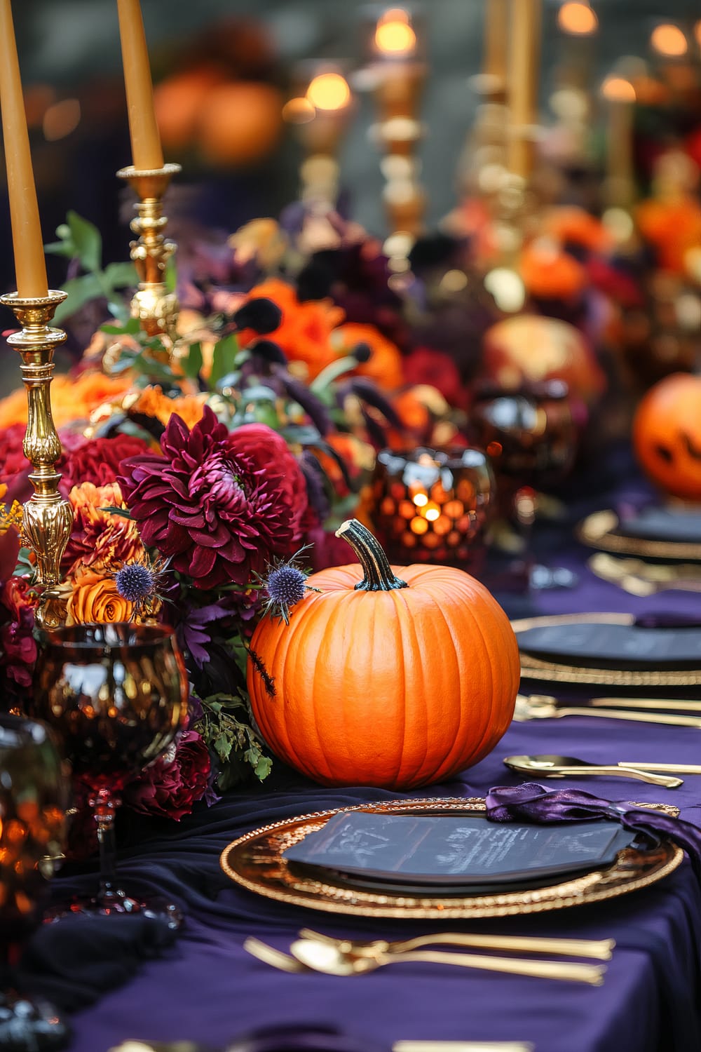 An elaborate and vibrant Halloween themed table setting, featuring a purple tablecloth adorned with gold utensils, goblets, and candle holders. The table is decorated with orange pumpkins, burgundy and orange flowers, and flickering candles, creating a luxurious and festive ambiance.