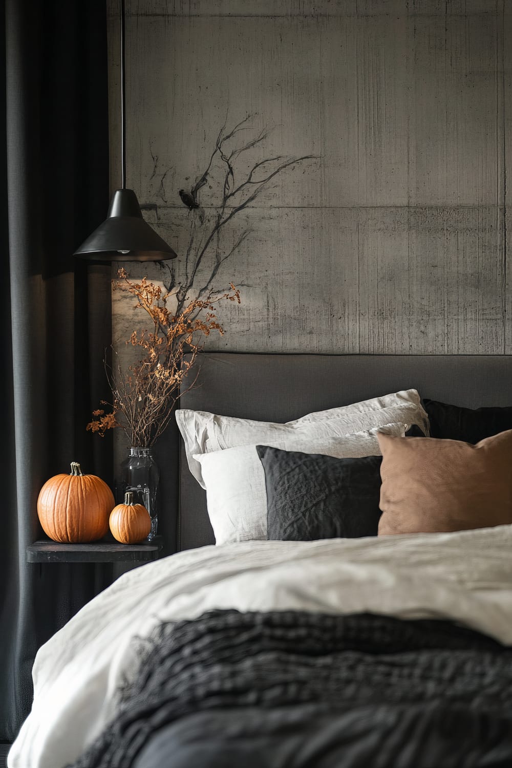 A minimalist bedroom scene featuring a grayscale color scheme dominated by black and white elements. The bed is adorned with monochrome pillows and linen. Beside the bed, on a black nightstand, are two pumpkins and a glass vase with dried branches. A black pendant lamp hangs over the nightstand. The wallpaper behind the bed displays a subtle, abstract branch design, adding depth and visual interest to the space.