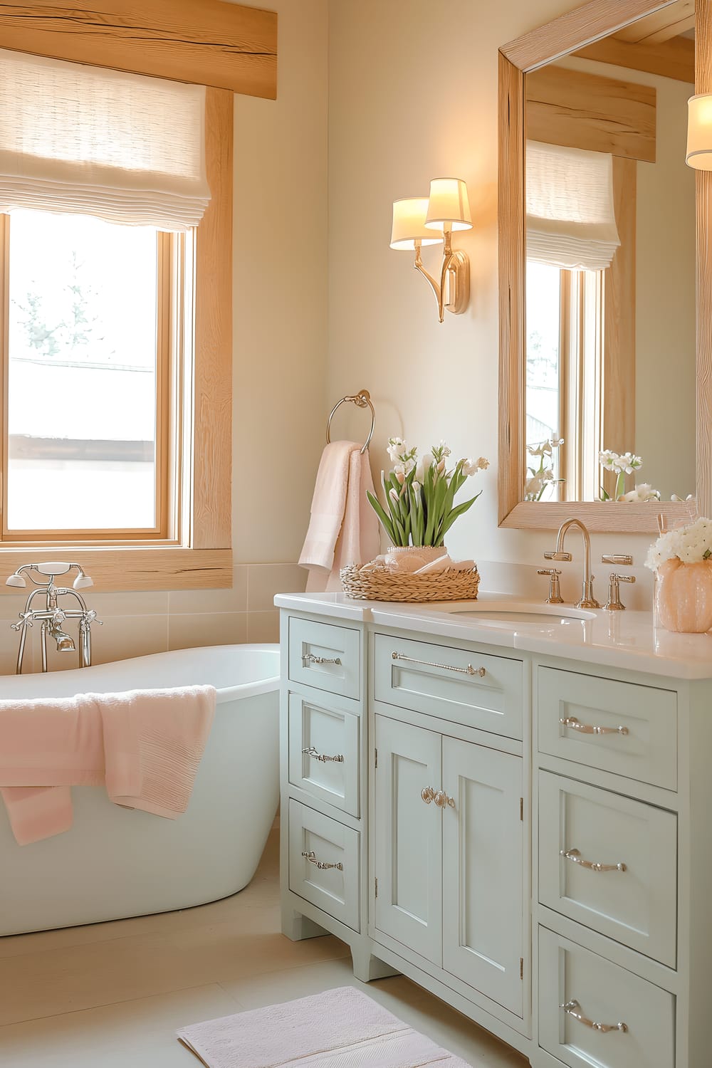 A luxurious bathroom bathed in soft, warm hues featuring cream walls and light wood cabinetry. The white freestanding bathtub is paired with pastel pink linens while a sleek vanity with a minimalist mint design supports a pristine white basin. A large coral-framed mirror hangs above the vanity counter, reflecting the ambient light coming from the pale yellow wall-mounted sconces. A touch of greenery is added by a single pastel aqua plant.