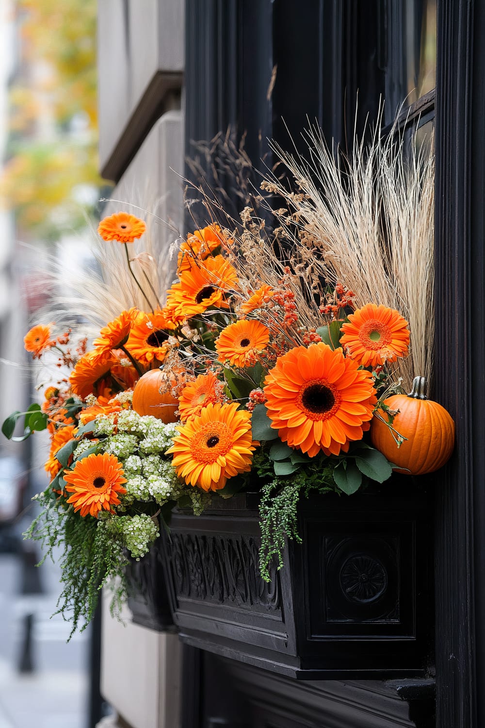 A window box brimming with vibrant orange flowers, primarily Gerbera daisies, arranged beautifully alongside small orange pumpkins. Among the flowers, there are specks of green leaves and delicate white blooms, creating a rich contrast. The black wooden window box is intricately carved, providing an elegant frame for the autumnal display.