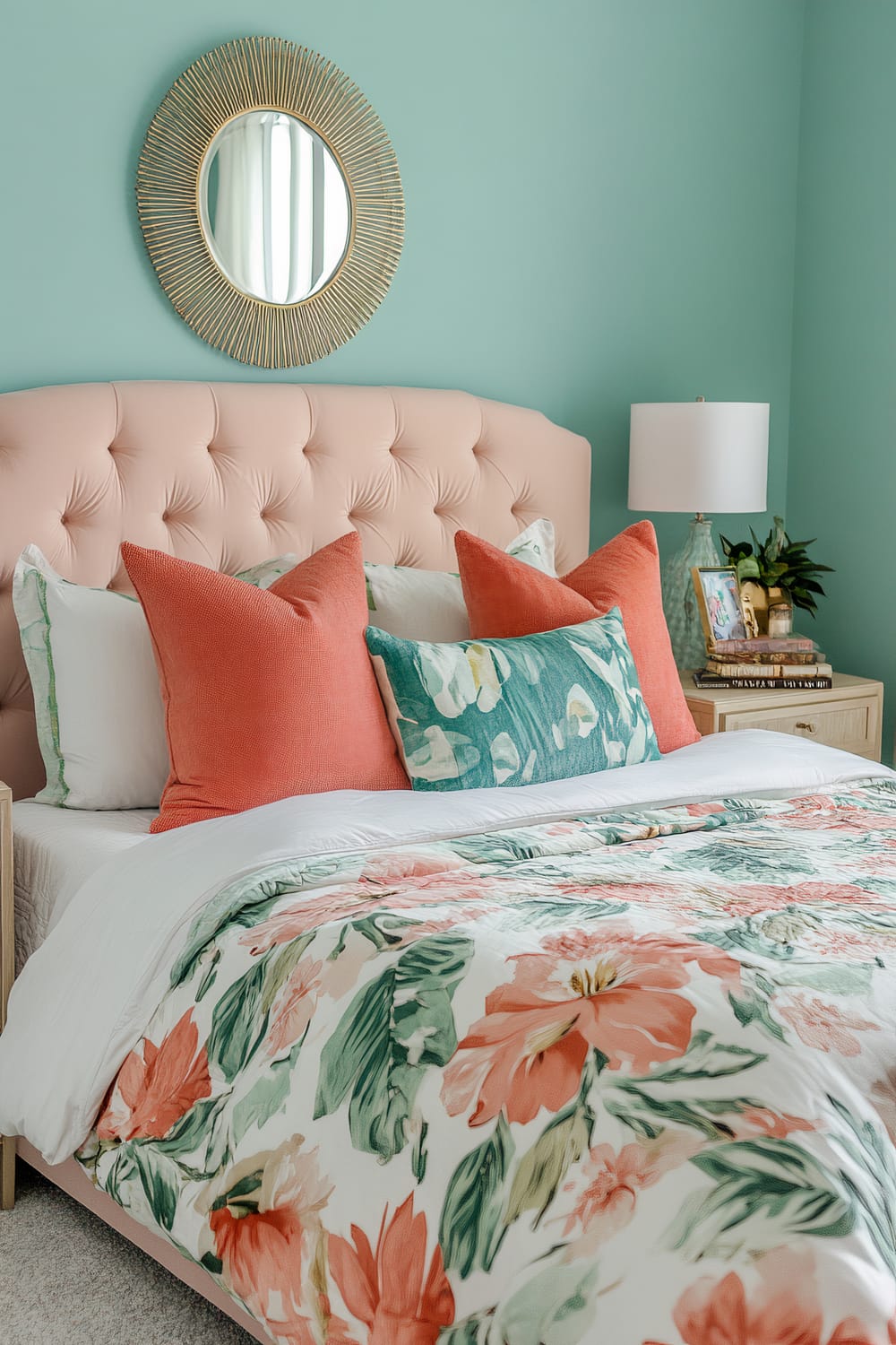 A bedroom featuring a light pink tufted headboard, adorned with a variety of throw pillows in shades of coral and a floral pattern, matching the bedspread. The wall behind is painted in a soft turquoise color, with a decorative round mirror with sunburst detailing above the headboard. A wooden nightstand with books, a photo frame, a lamp, and some greenery is visible next to the bed.