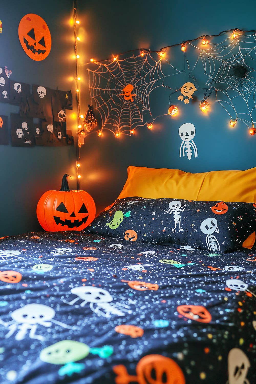 A Halloween-themed bedroom is decorated with festive items. The bedspread and pillow are adorned with colorful skeletons, pumpkins, and ghosts on a black background with white speckles. Above the bed, an orange jack-o'-lantern sits alongside string lights and spider web decorations. The wall is painted a dark color and features cut-out silhouette decorations of skulls and other spooky figures. Illuminated string lights add a warm ambiance, evoking a playful and spooky atmosphere typical of Halloween.