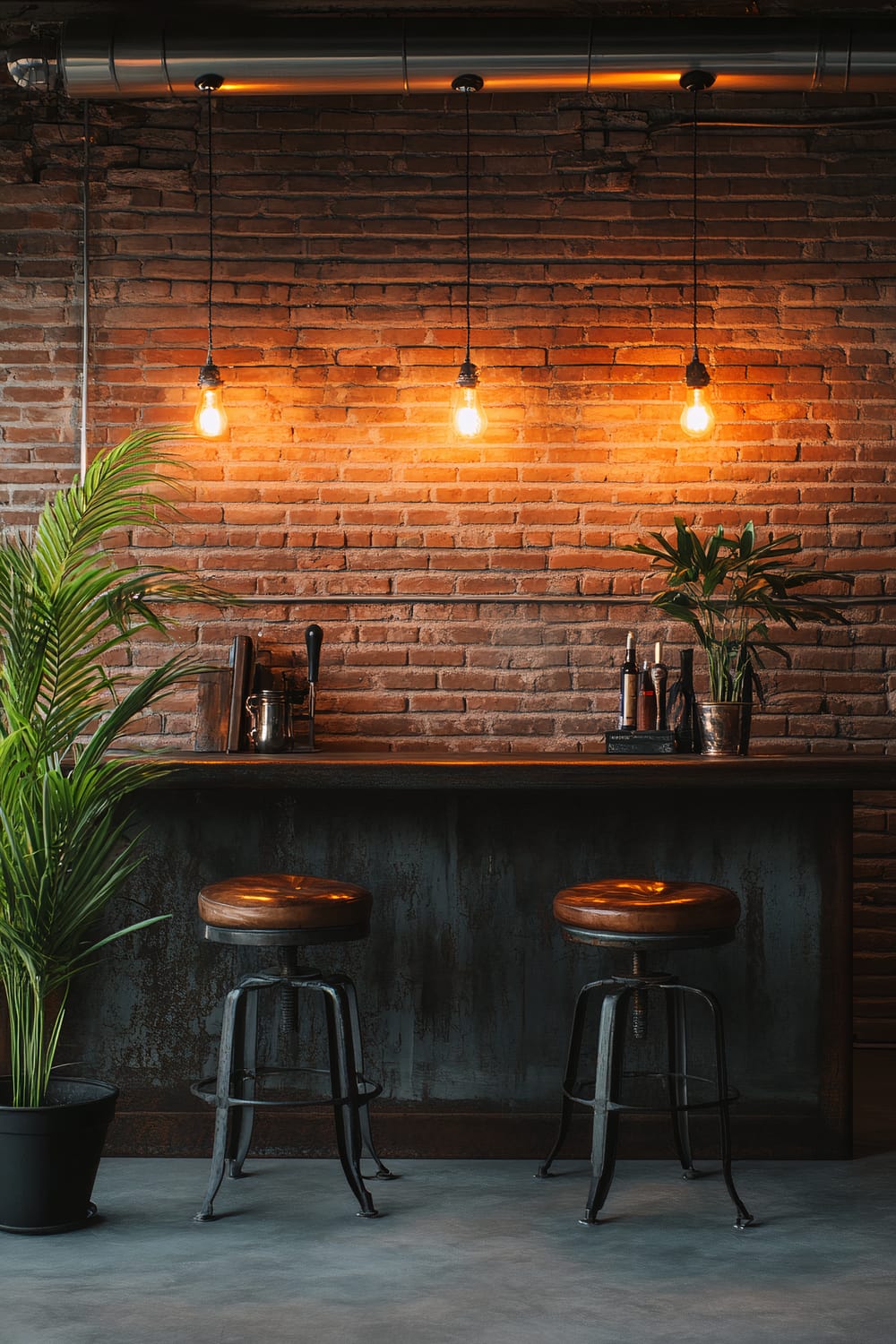 An industrial-style loft with a bar area. The bar features a reclaimed metal surface flanked by two vintage stools with brown leather seats. Above the bar, three Edison bulb lights hang, casting a warm glow. The brick wall in the background adds to the industrial aesthetic. A large potted plant sits to the left of the bar, providing a touch of greenery.