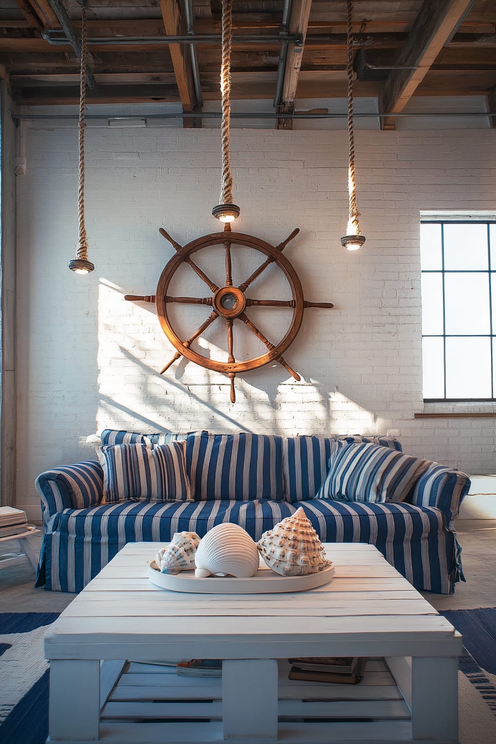 A nautical-themed loft features a blue and white striped sofa, a white wooden coffee table with seashell decorations, a large ship wheel on the wall, and rope pendant lights. The room is well-lit with natural light coming through a large window.