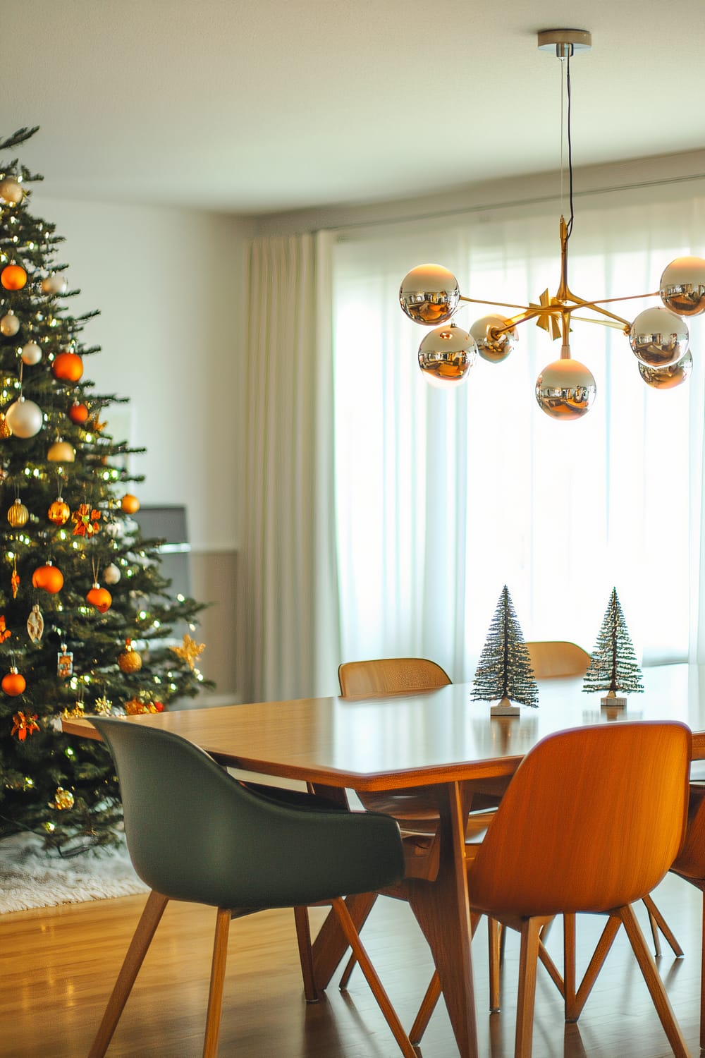 A 1960s mid-century modern dining room with a sleek vintage Christmas tree adorned with geometric ornaments in vibrant orange and gold. The room features minimalist furniture, including a wooden dining table and chairs, and is accented with a stylish chandelier with spherical metallic lights hanging from the ceiling. Two small decorative Christmas trees sit on the dining table.