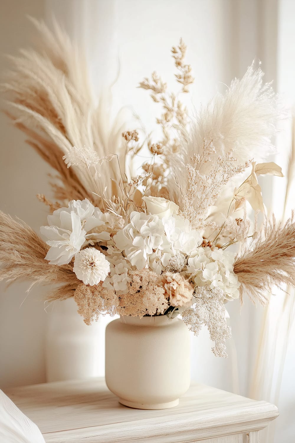 Beige ceramic vase containing a sophisticated arrangement of dried flowers like pampas grass, white hydrangeas, and beige foliage set against a soft, diffused light background.