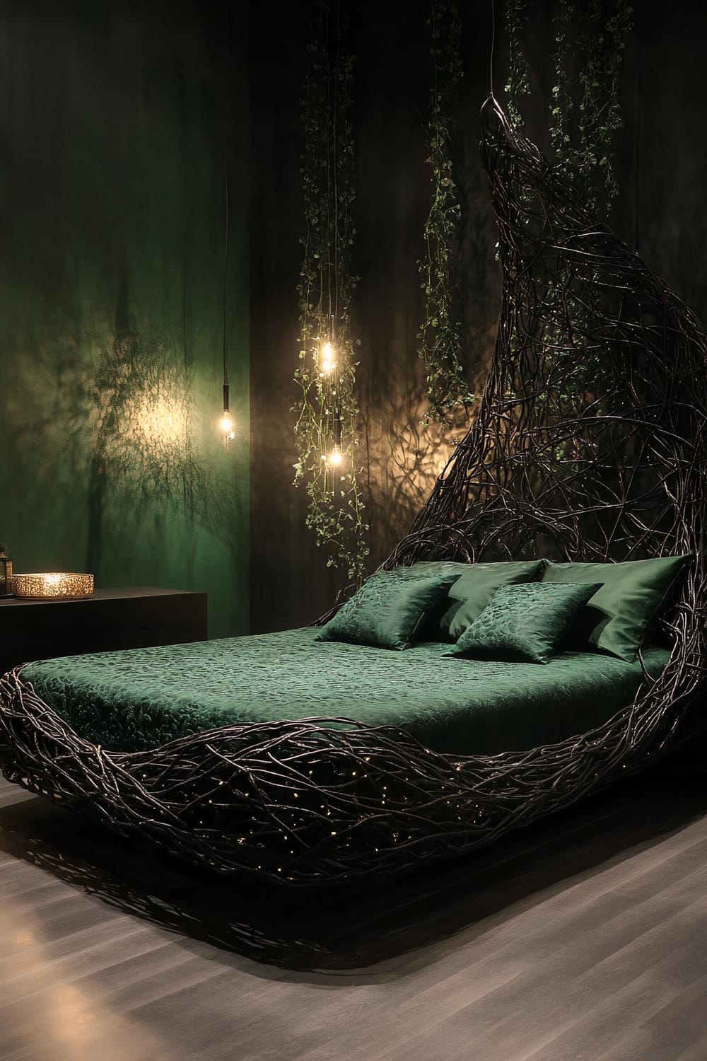 A contemporary bedroom featuring a unique bed frame designed from twisted dark vines, illuminated by subtle fairy lights. The bed is covered with rich emerald bedding and matching pillows. The wall behind the bed is dark with hanging string lights and trailing greenery. A modern side table with a decorative candle holder is positioned to the left.