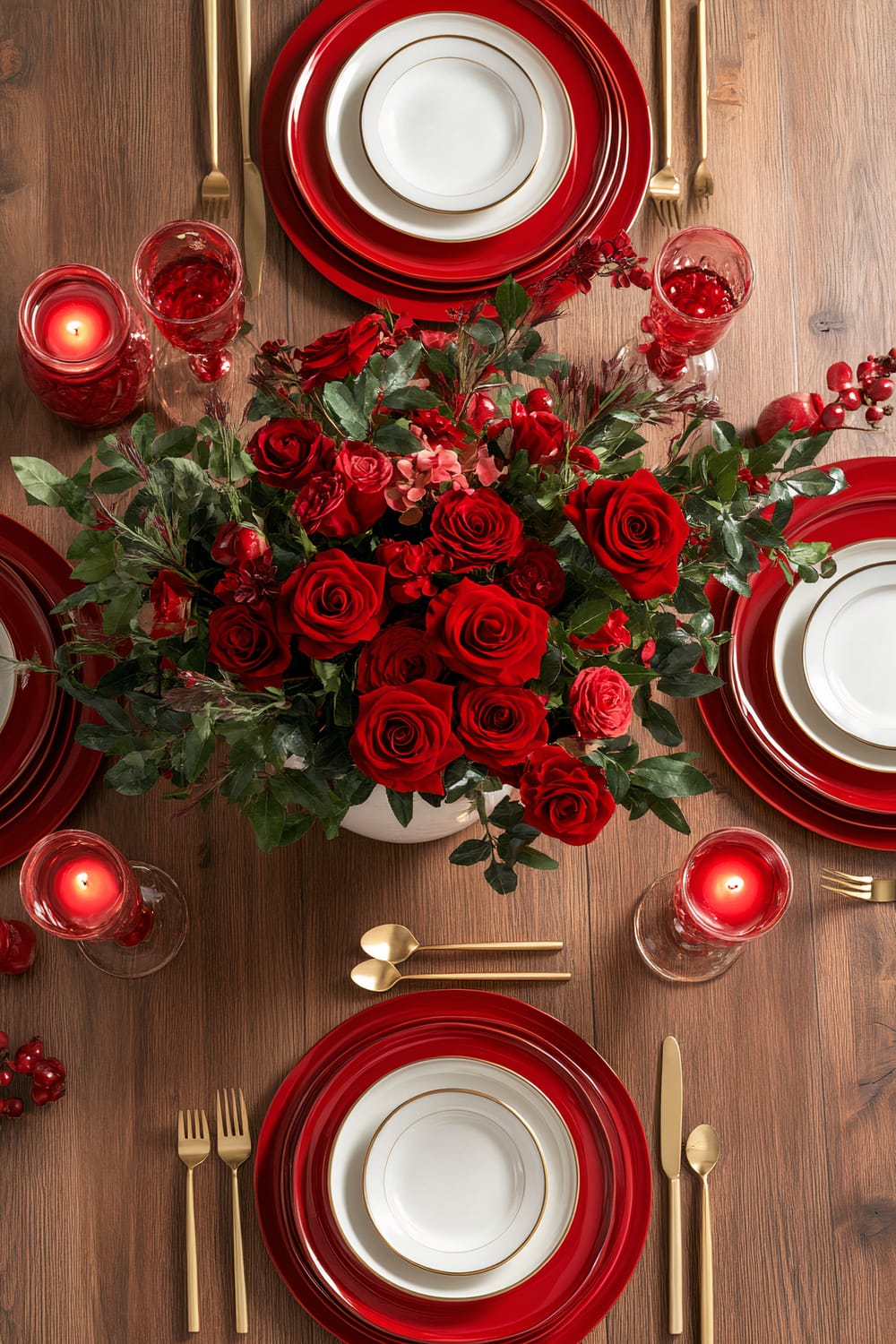 A top-down view of a Thanksgiving dinner table set with bright red porcelain plates, white bowls with gold rims, and gold flatware. The centerpiece features a white ceramic vase filled with bright red roses and green foliage. The table is adorned with red and white striped table runners, red candle holders, and a warm wooden surface, creating a vibrant and balanced color scheme.