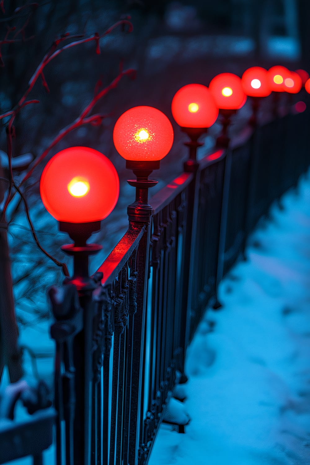 A row of round red lights atop a metal fence illuminated during the evening, set against a snowy background with bare branches visible on the left side.