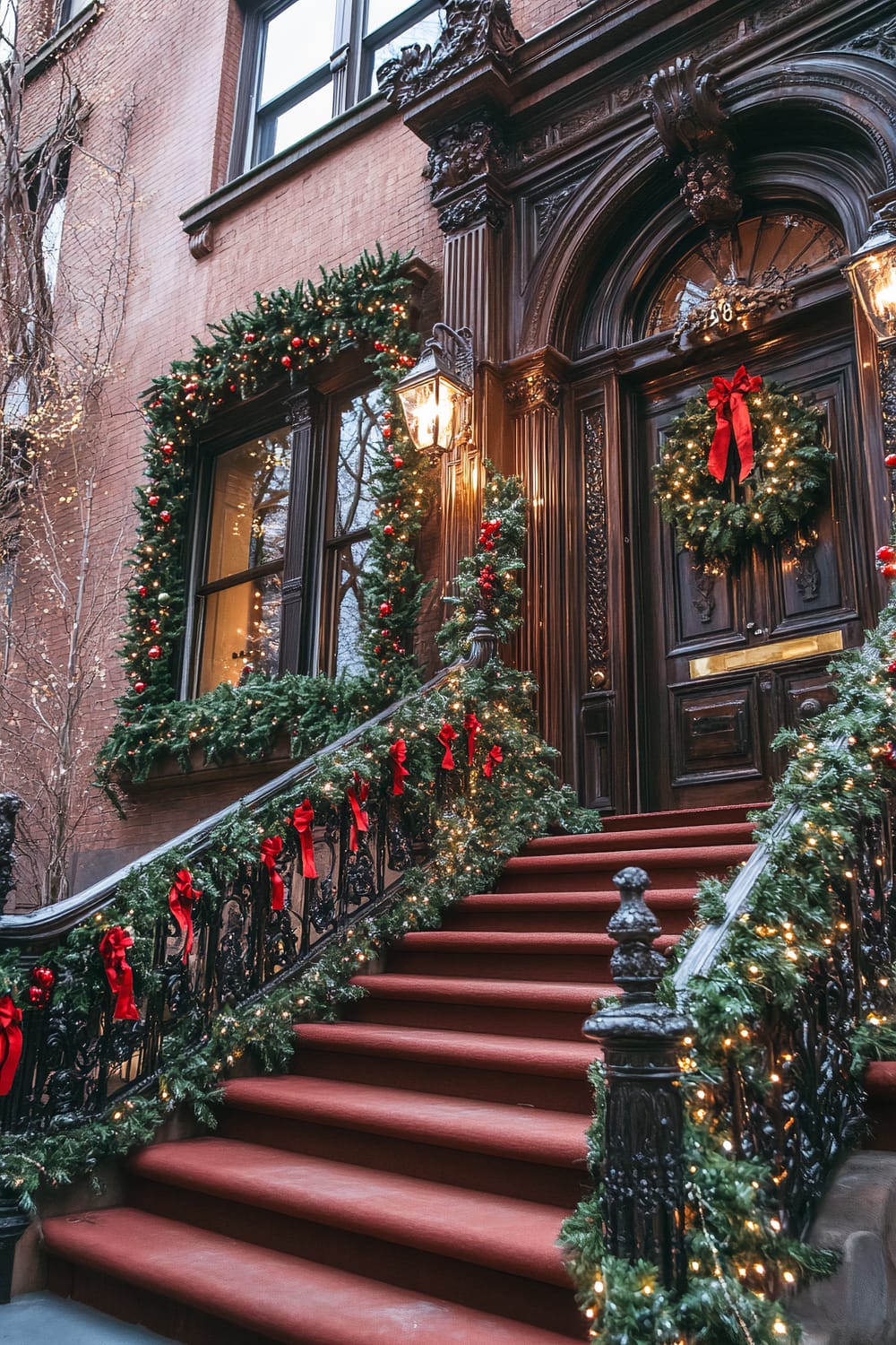 Ornately decorated brownstone entrance with red carpeted stairs and greenery adorned with red bows and lights. The wooden door features a Christmas wreath with a red ribbon.