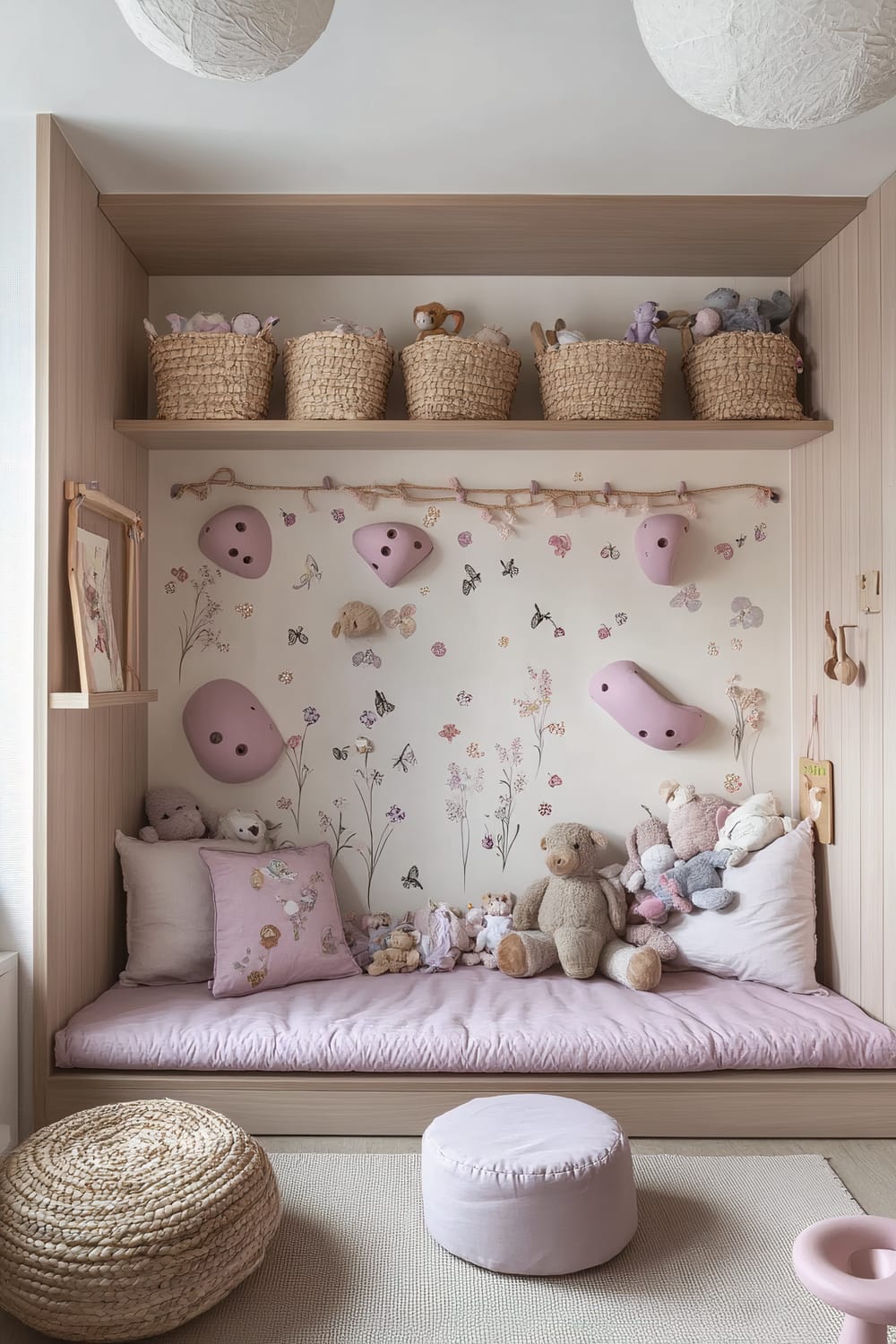 A playroom with soft pastel colors featuring a small climbing wall with pink holds above a pink cushioned mat. Wooden shelves store toys, books, and stuffed animals in woven baskets. Floral decals adorn the walls. A pink stool provides seating next to a low shelf with puzzles. Soft white lighting illuminates the space.