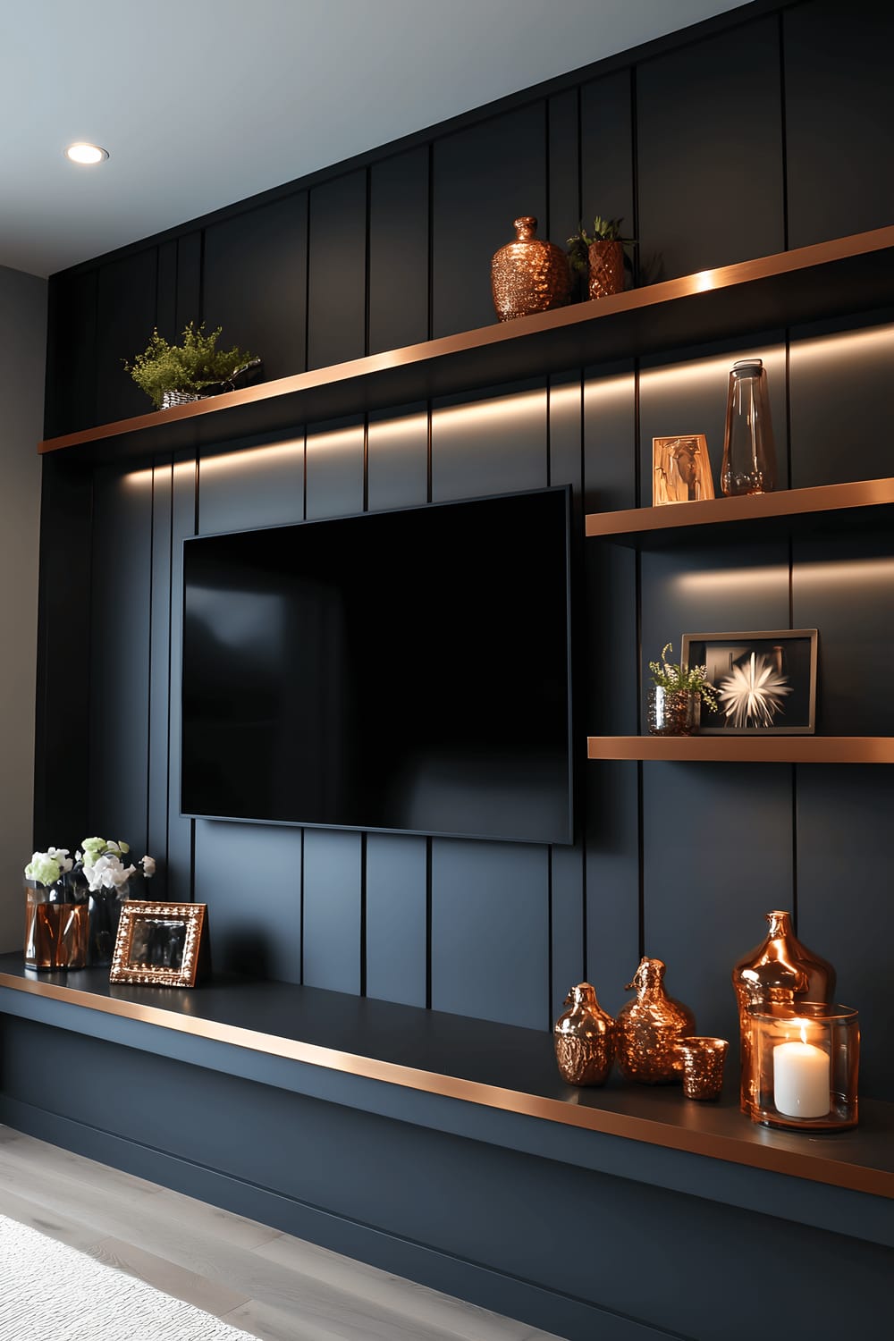 A luxury TV wall adorned with matte charcoal panels, integrated with copper floating shelves. Decorative items such as copper vases and candle holders are on display. Ambient lighting from copper fixtures casts a warm glow, creating a high-end ambience. The TV screen is turned off, adding to the modern, minimalist aesthetic.