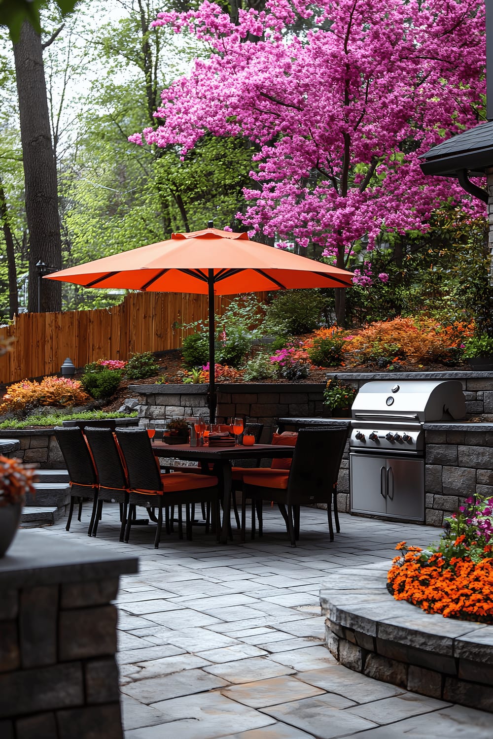 A meticulously landscaped backyard space features a dining table with chairs shaded by a large umbrella. The area is graced with a built-in stone grill station with ample countertop space, all laid on stone pavers. Neatly trimmed shrubs and a blooming tree in the background add greenery to the serene setup.