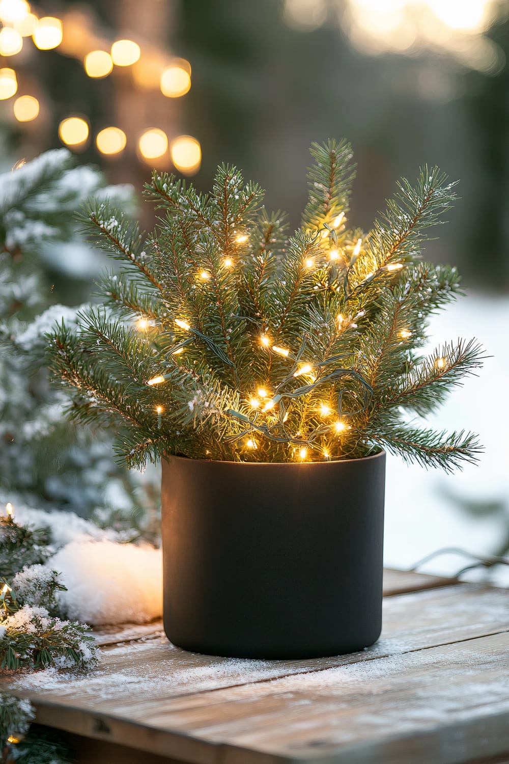 A small black pot with lush evergreen branches adorned with twinkling fairy lights, placed on a rustic wooden table. The background is softly blurred with snow and more fairy lights in the distance, with a warm golden hour sunlight illuminating the scene.