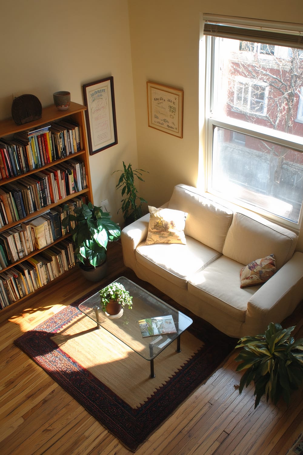 A top-down view of a compact living room featuring a light-colored loveseat positioned near a large window. A small glass coffee table, centrally located on a patterned rug, holds a potted plant and a book. A wooden bookshelf, filled with books and decorative items, stands against the left wall. Natural light enters through the window, illuminating the space and highlighting two framed pictures on the walls.