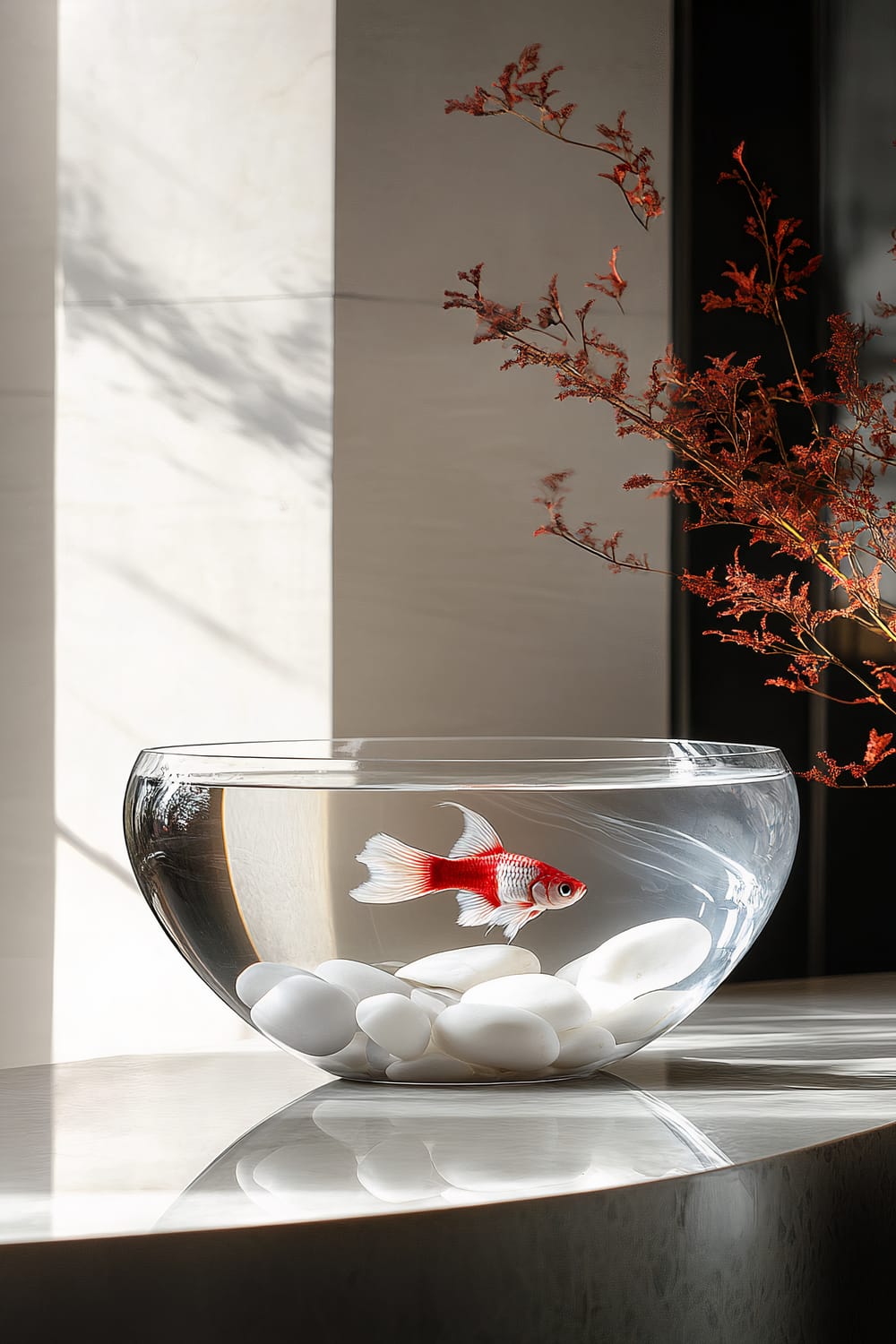 A minimalist coffee table with a geometric fish bowl containing a betta fish, surrounded by smooth white stones and red aquatic plants. The background includes a vertical panel of white and a darker area, with a branch of red leaves extending into the frame.