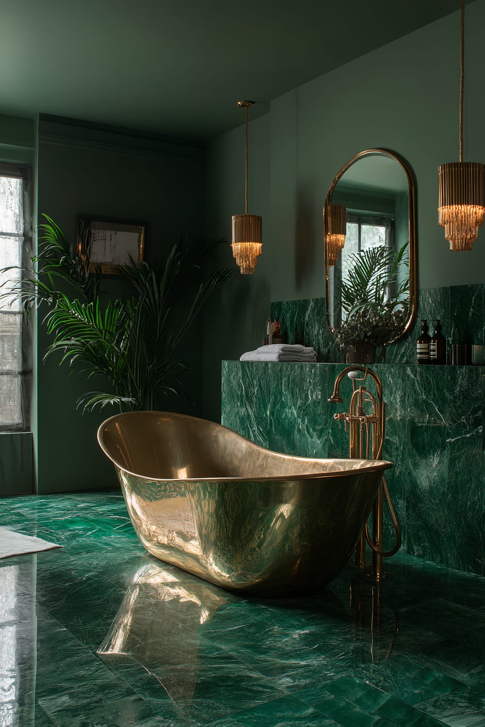 A luxurious bathroom featuring a gleaming brass tub centrally placed on a glossy green marble floor. The backdrop includes matching green marble walls adorned with a large oval mirror and two statement pendant lights. Green potted plants add a touch of nature, while a nearby window bathes the room in natural light, enhancing the refined ambiance.