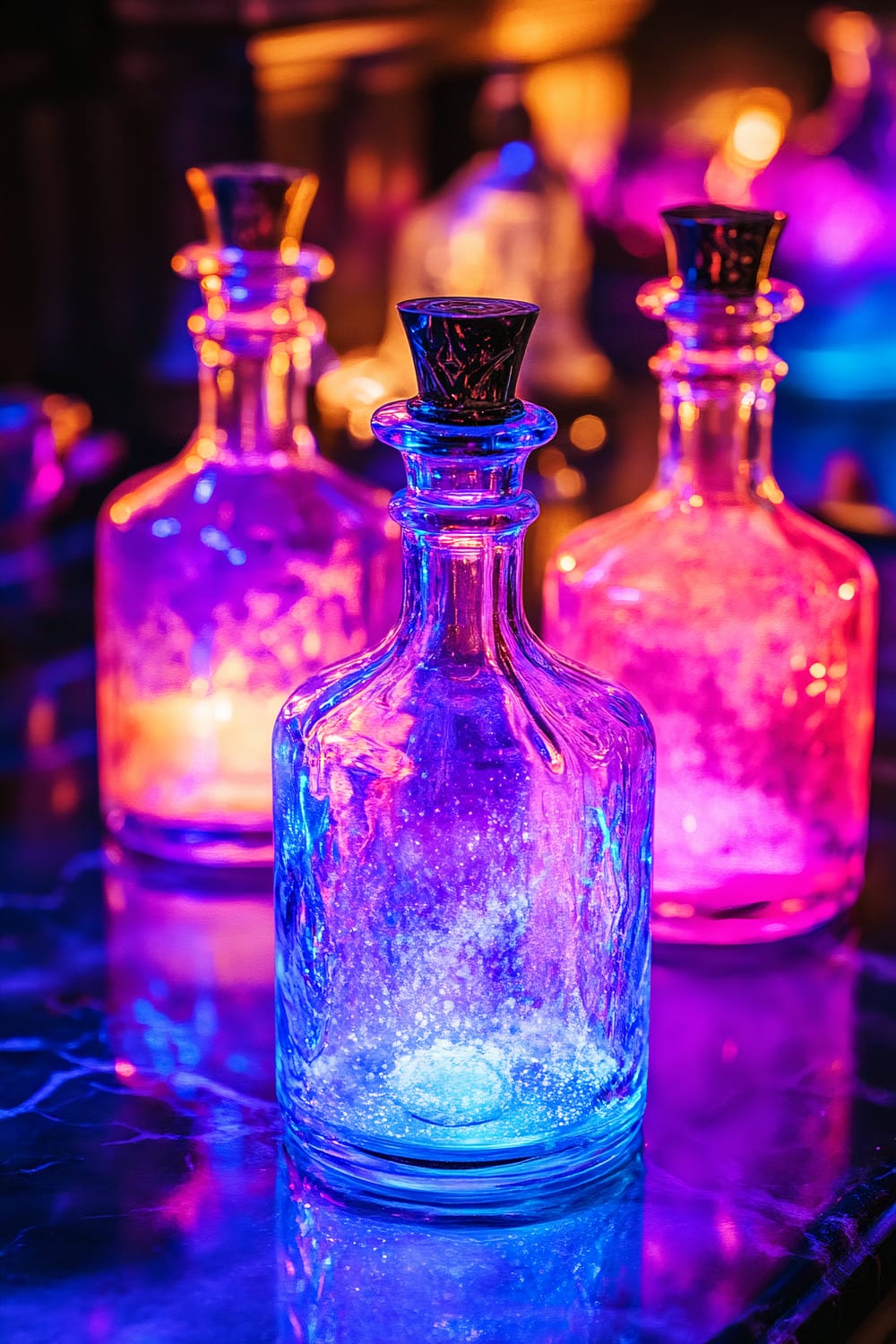 A closeup of several vintage glass potion bottles filled with luminescent liquids on a black marble countertop. Each bottle emits a distinct, eerie glow in various colors such as blue, purple, and pink. The scene features dramatic, colored lighting that accentuates the magical and sophisticated Halloween ambiance.