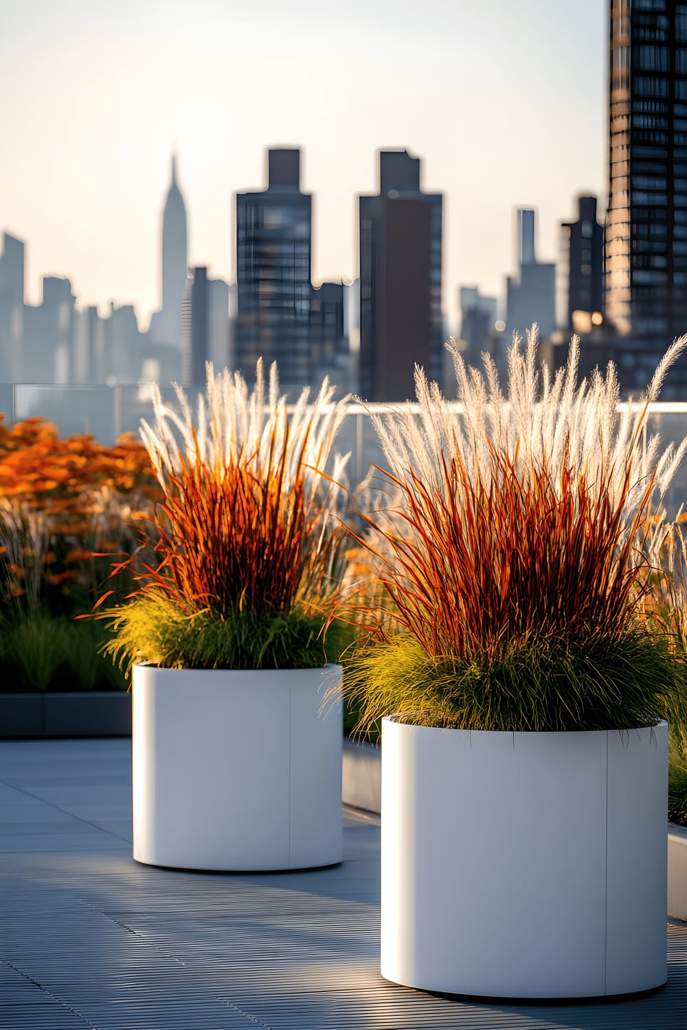 A chic urban rooftop garden featuring tall white cylindrical planters filled with soft, swaying feather reed grass and Japanese blood grass. The city's impressive skyline serves as the backdrop of this tranquil, minimalist outdoor space.