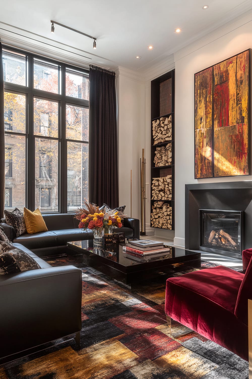 A contemporary living room featuring a high ceiling and a large, metal-framed window overlooking an urban environment. The room is furnished with two dark leather sofas adorned with patterned and mustard yellow cushions, positioned around a low, glossy black coffee table. The table holds a stack of books and a floral centerpiece with vibrant red, yellow, and orange flowers. The focal point is a modern fireplace surrounded by a minimalist black frame, flanked by a shelving unit filled with stacked firewood. Above the fireplace hangs an abstract, multi-colored piece of art. A velvety red lounge chair is partially visible in the foreground, while the floor is covered with a multi-colored, abstract-pattern rug that harmonizes with the room’s color palette. The ambiance is enhanced by ceiling lights and large, dark curtains framing the window.